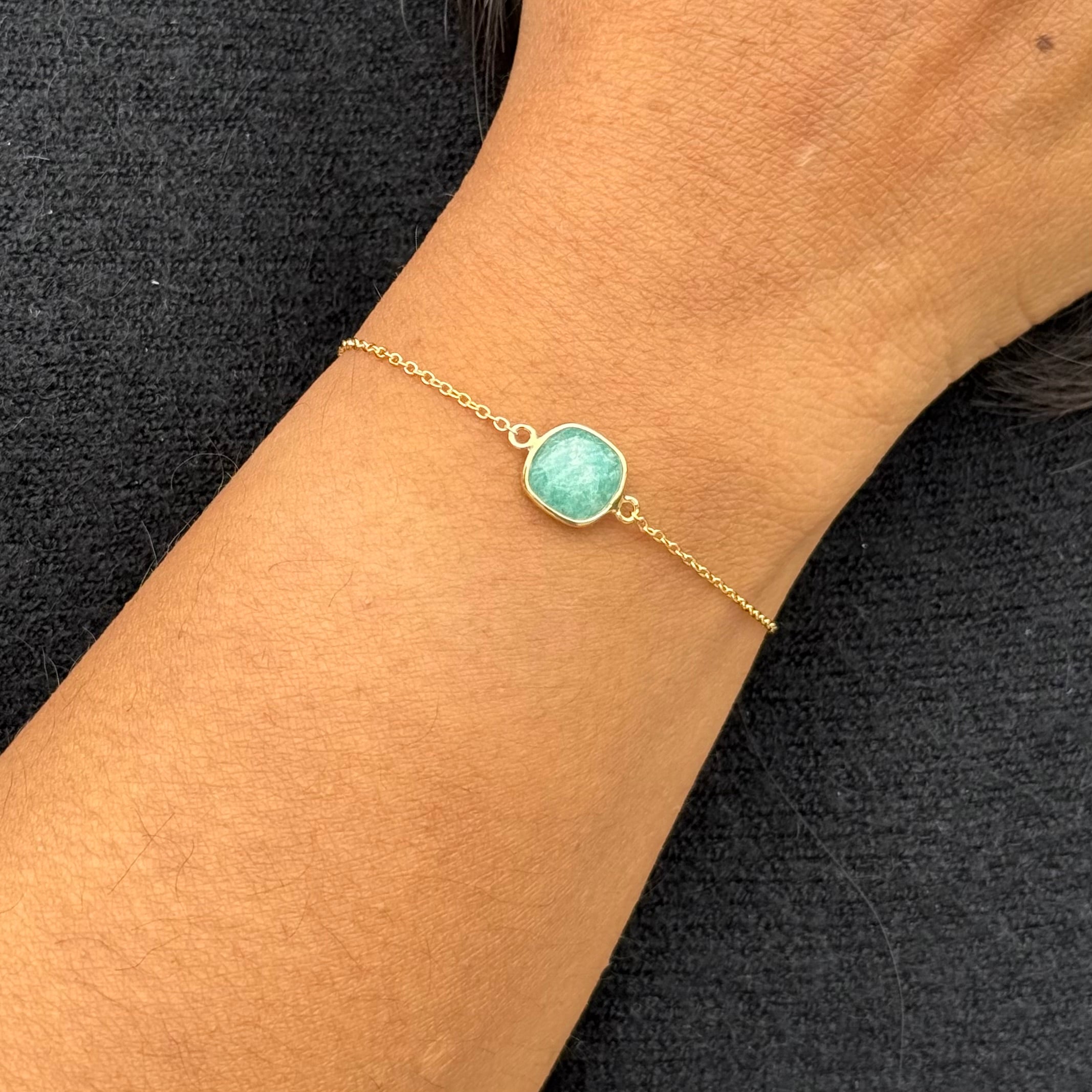 Minimal Adjustable Bracelet in 3 micron 18k Gold Plated Sterling Silver with a Squared Shaped Amazonite Gemstone