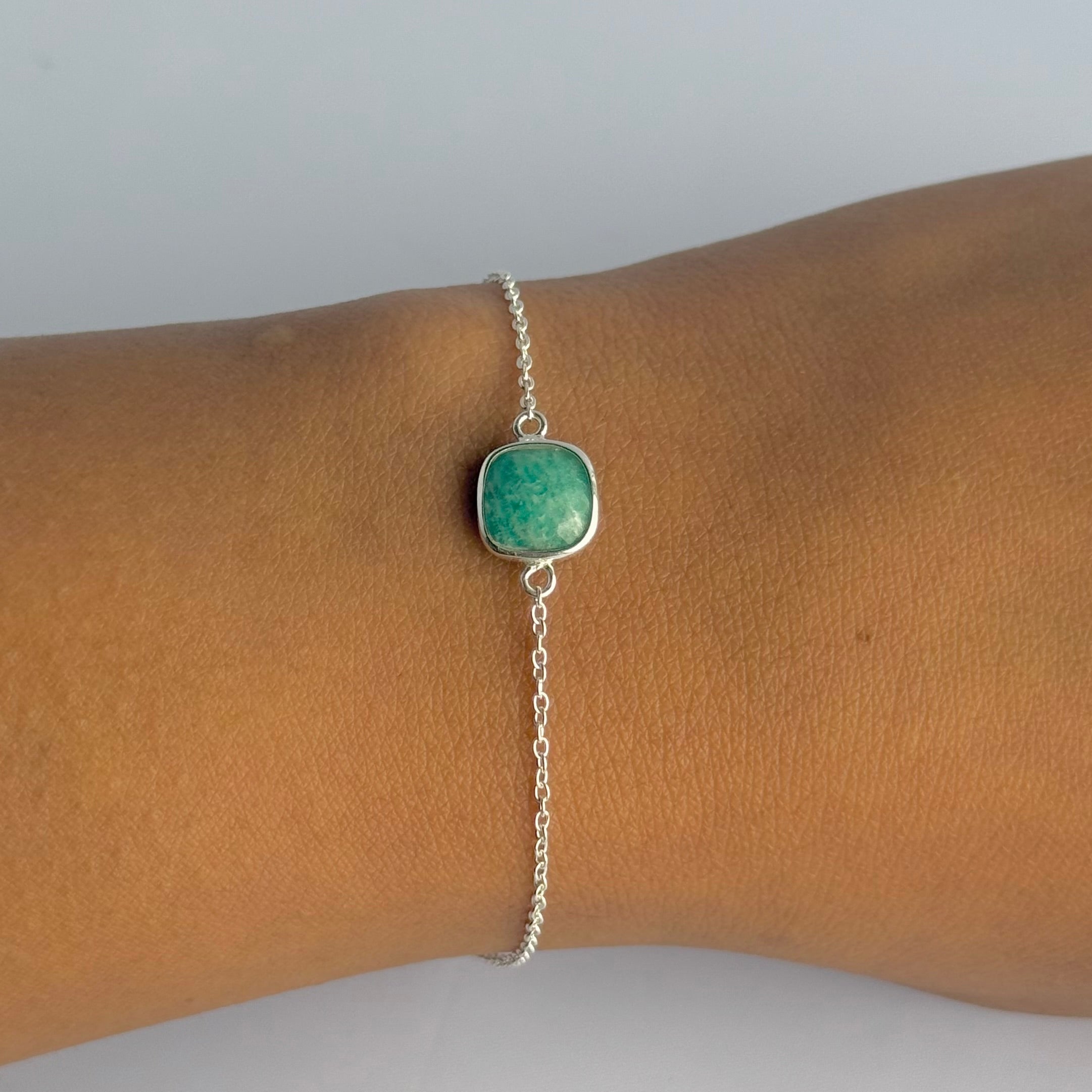 Minimal Adjustable Bracelet in Sterling Silver with a Square-Shaped Amazonite Gemstone