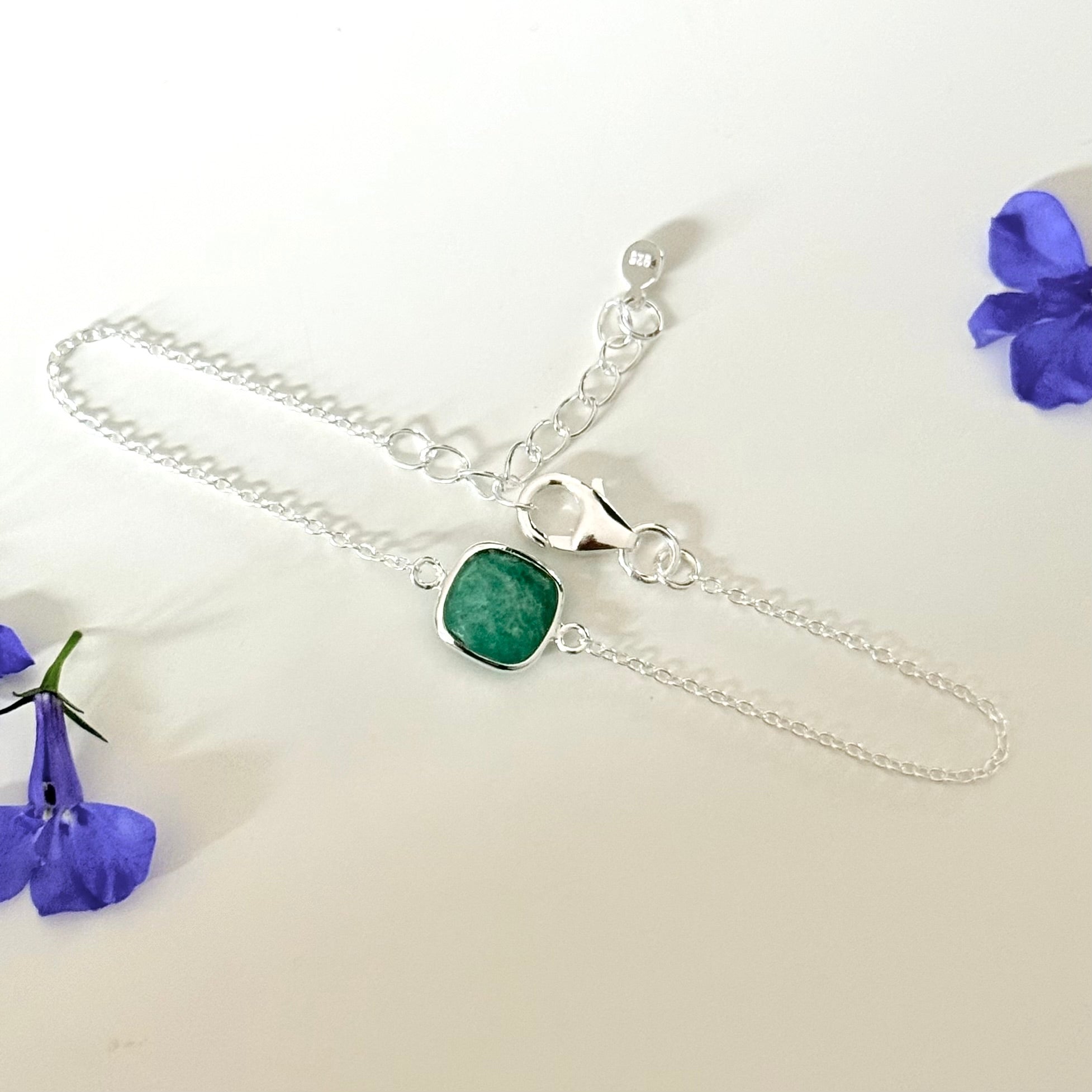 Minimal Adjustable Bracelet in Sterling Silver with a Square-Shaped Amazonite Gemstone