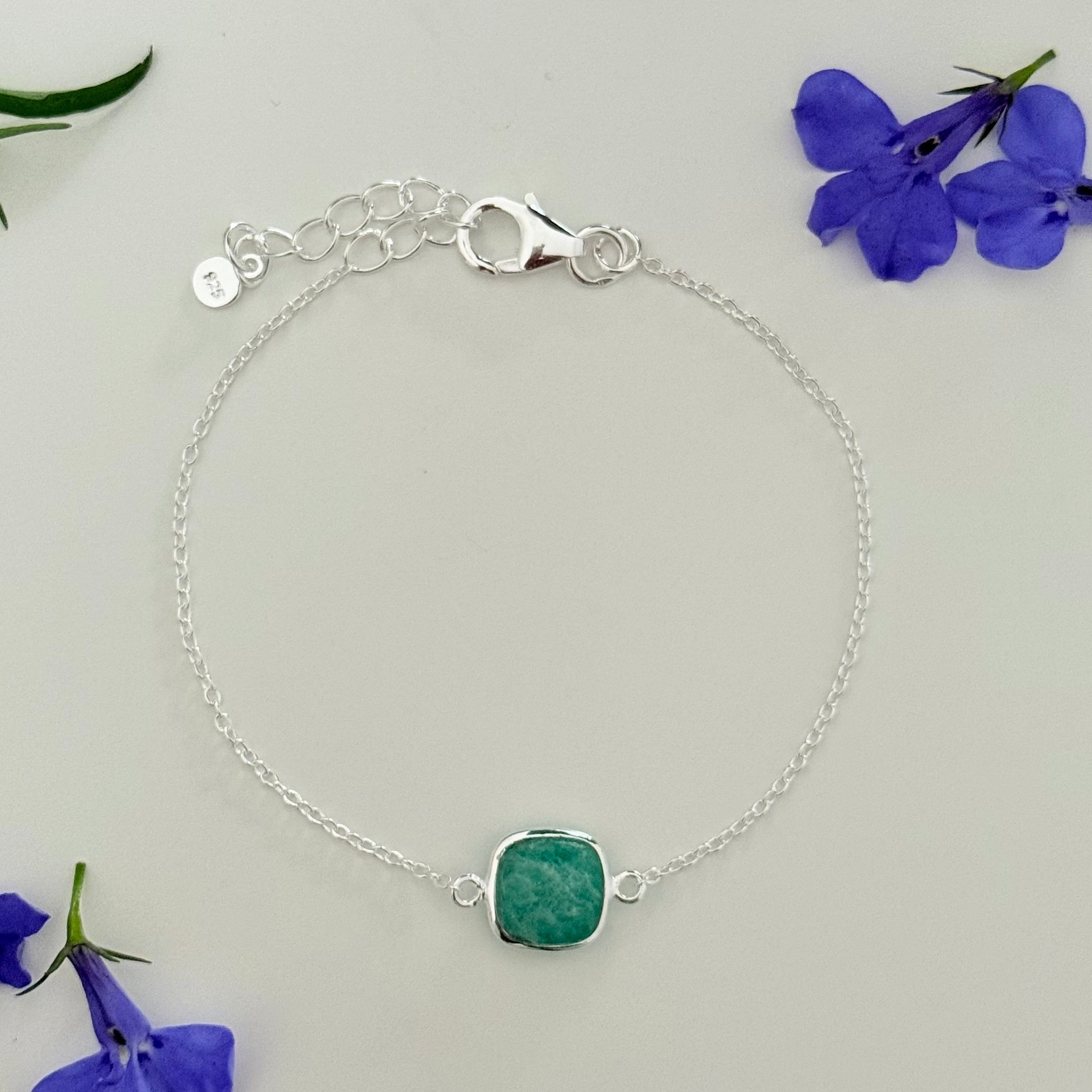 Minimal Adjustable Bracelet in Sterling Silver with a Square-Shaped Amazonite Gemstone