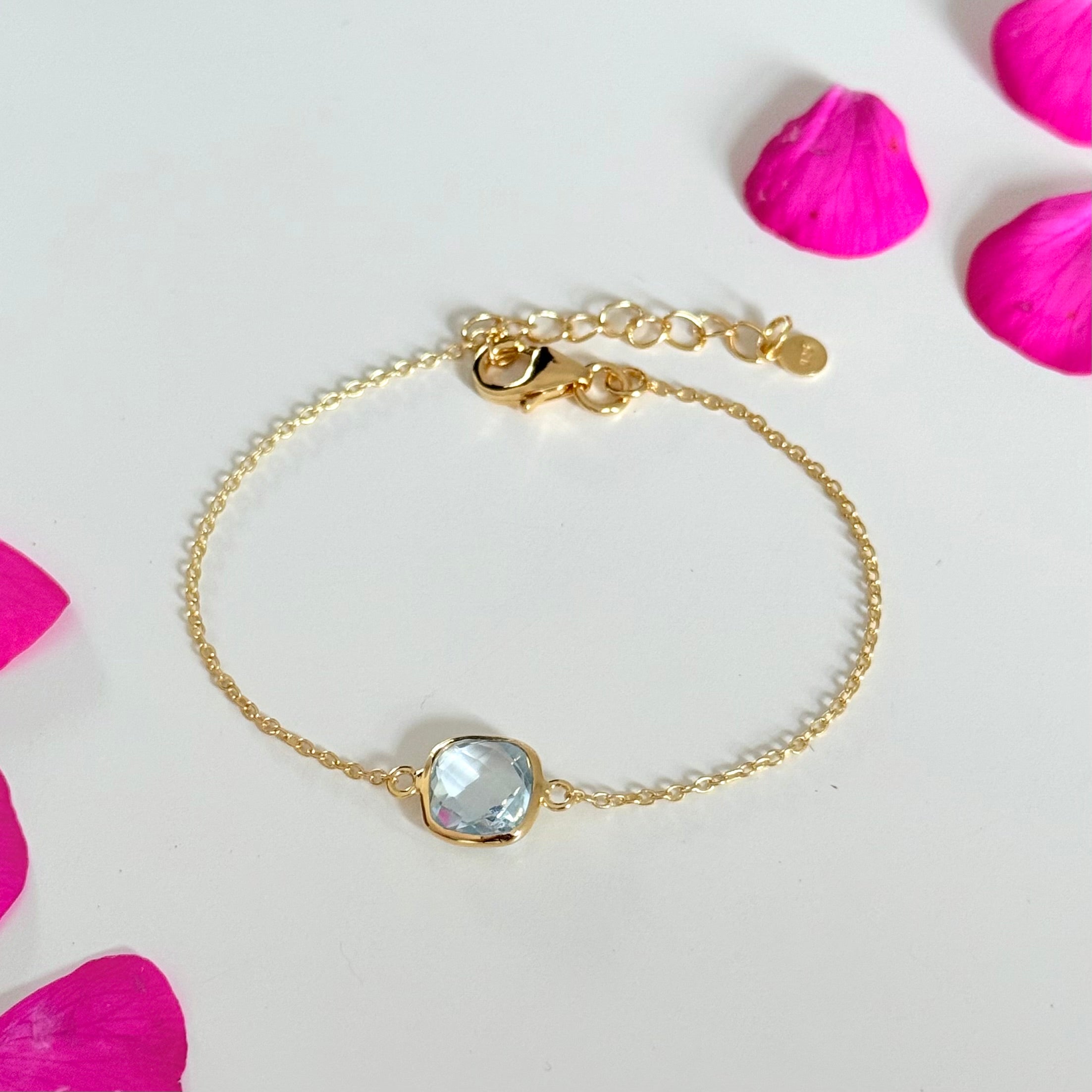 Minimal Adjustable Bracelet in 3 micron 18k Gold Plated Sterling Silver with a Squared Shaped Blue Topaz Gemstone