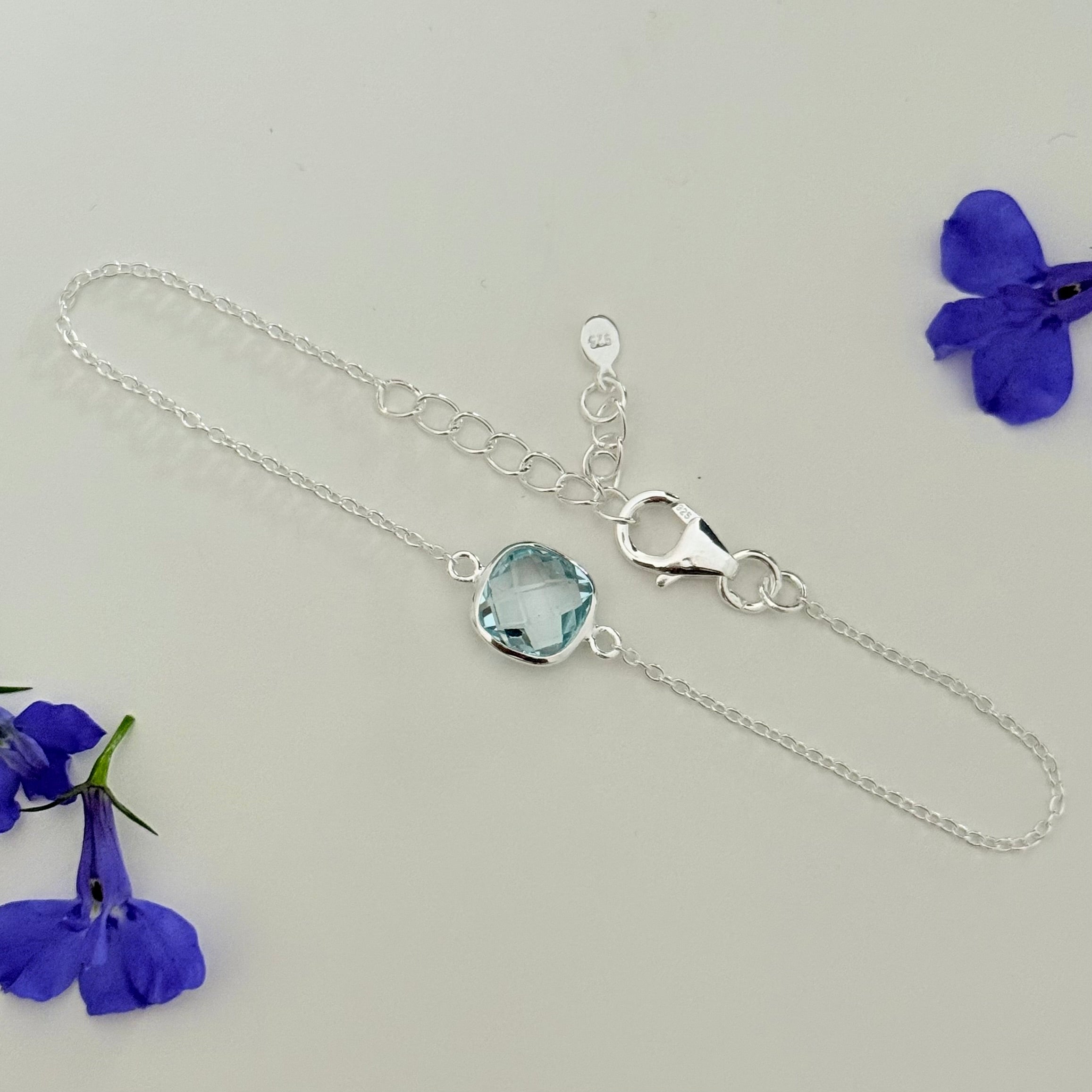 Minimal Adjustable Bracelet in Sterling Silver with a Square-Shaped Blue Topaz Gemstone