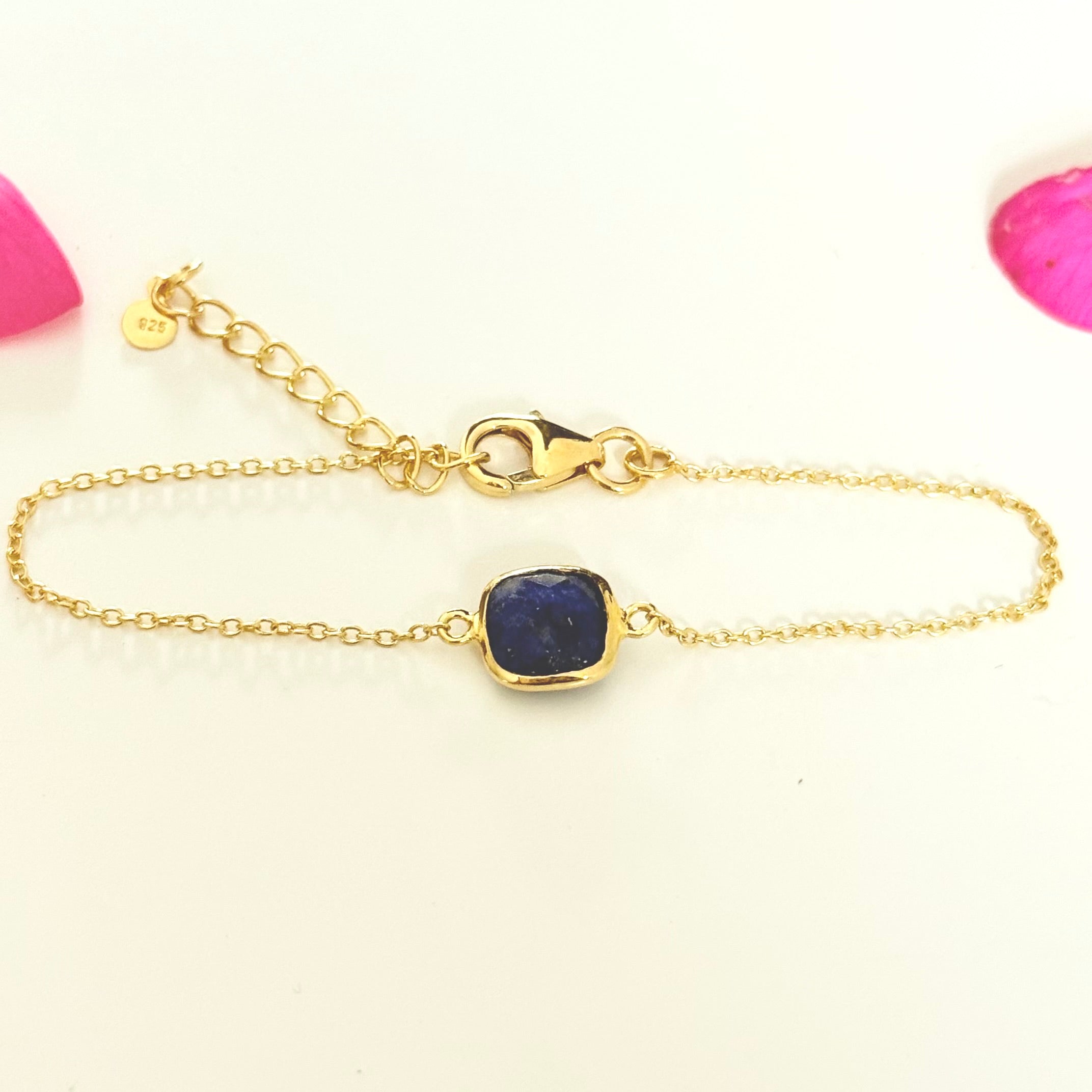 Minimal Adjustable Bracelet in 3 micron 18k Gold Plated Sterling Silver with a Squared Shaped Lapis Lazuli Gemstone