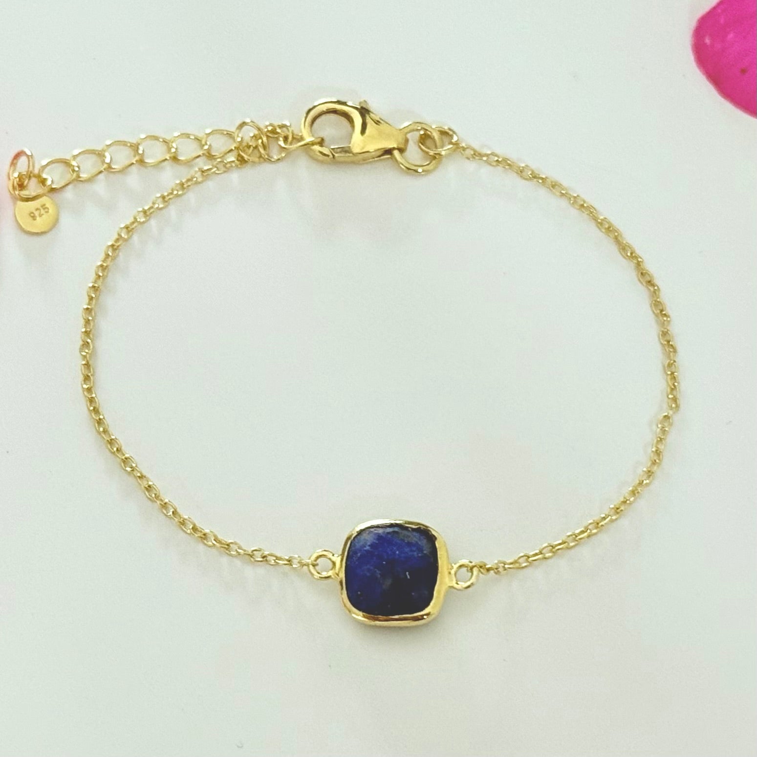 Minimal Adjustable Bracelet in 3 micron 18k Gold Plated Sterling Silver with a Squared Shaped Lapis Lazuli Gemstone