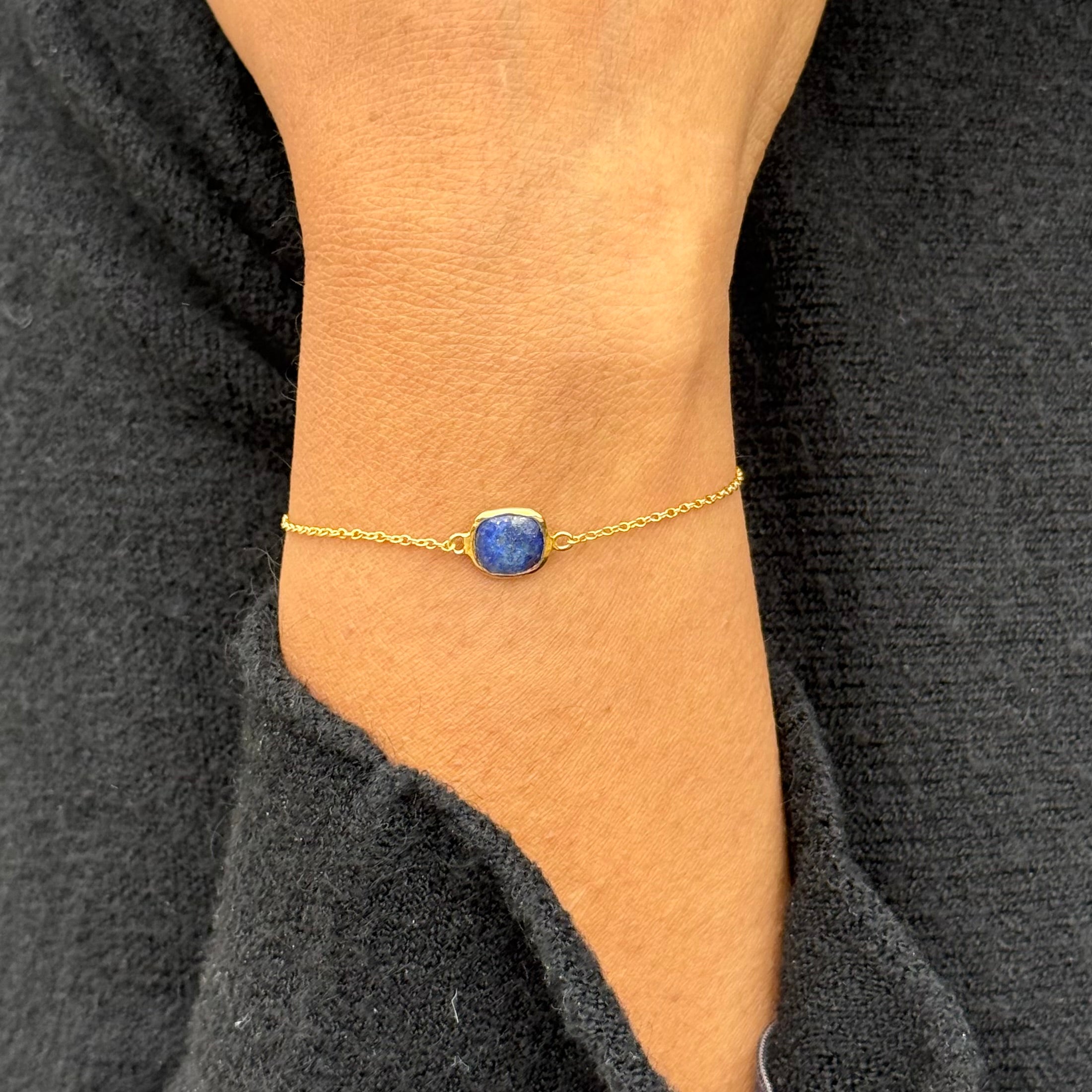Minimal Adjustable Bracelet in 3 micron 18k Gold Plated Sterling Silver with a Squared Shaped Lapis Lazuli Gemstone