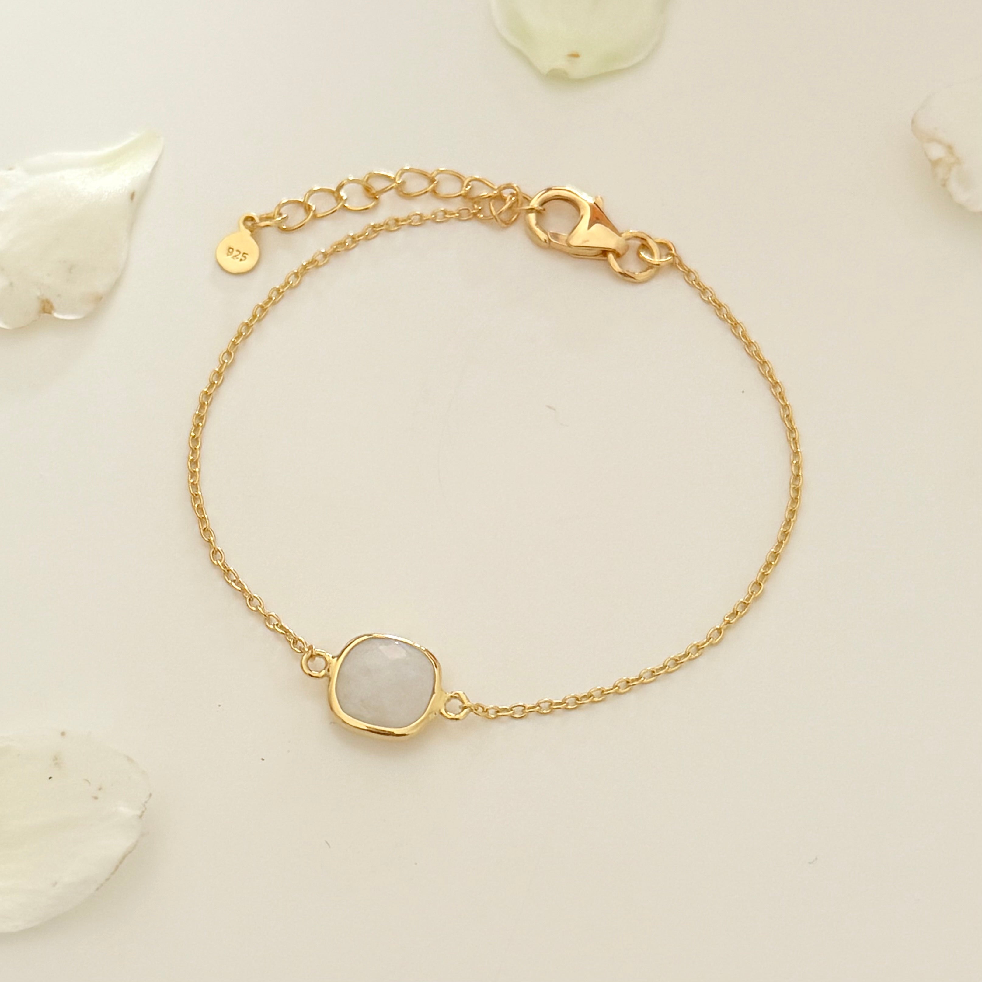 Minimal Adjustable Bracelet in 3 micron 18k Gold Plated Sterling Silver with a Squared Shaped Moonstone Gemstone