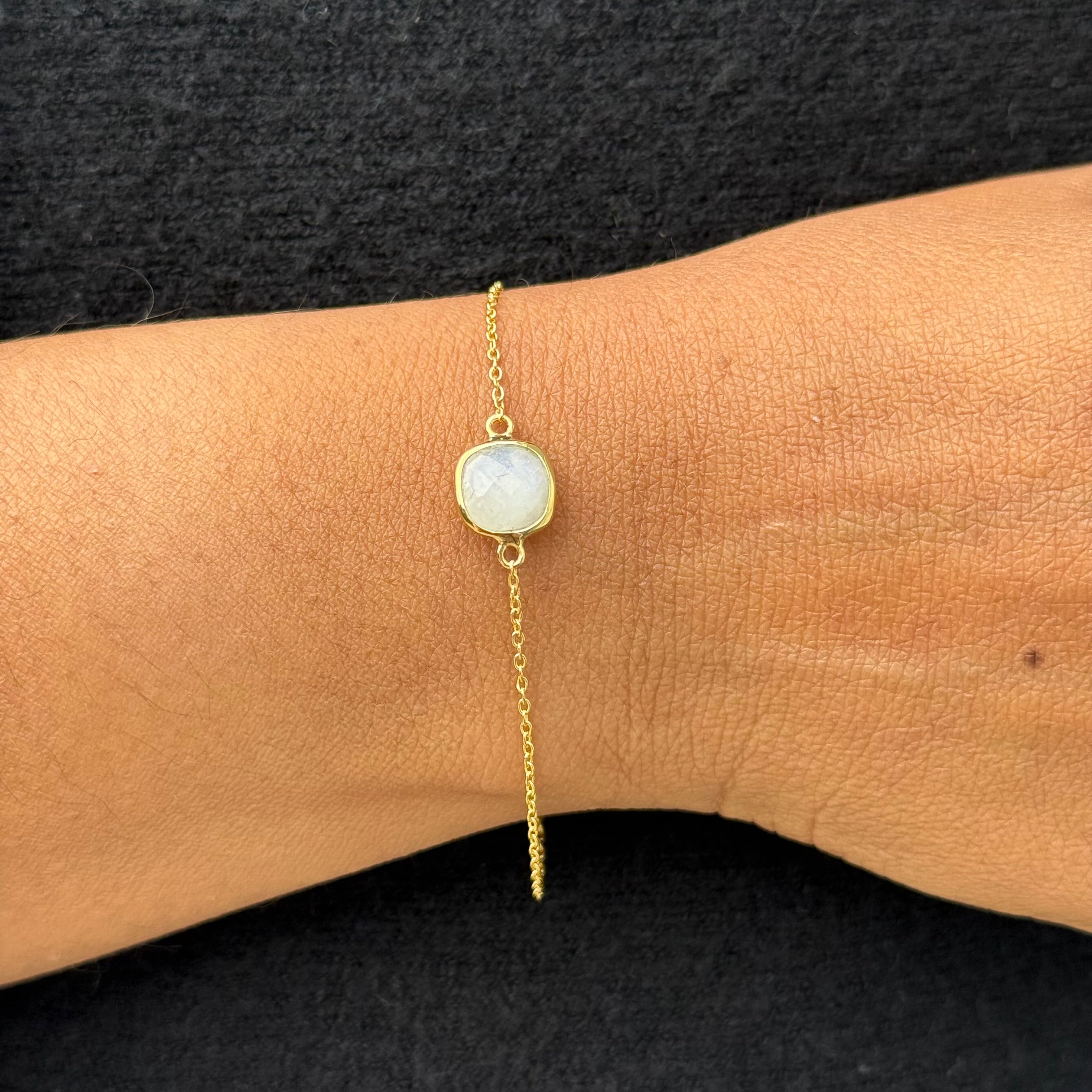 Minimal Adjustable Bracelet in 3 micron 18k Gold Plated Sterling Silver with a Squared Shaped Moonstone Gemstone