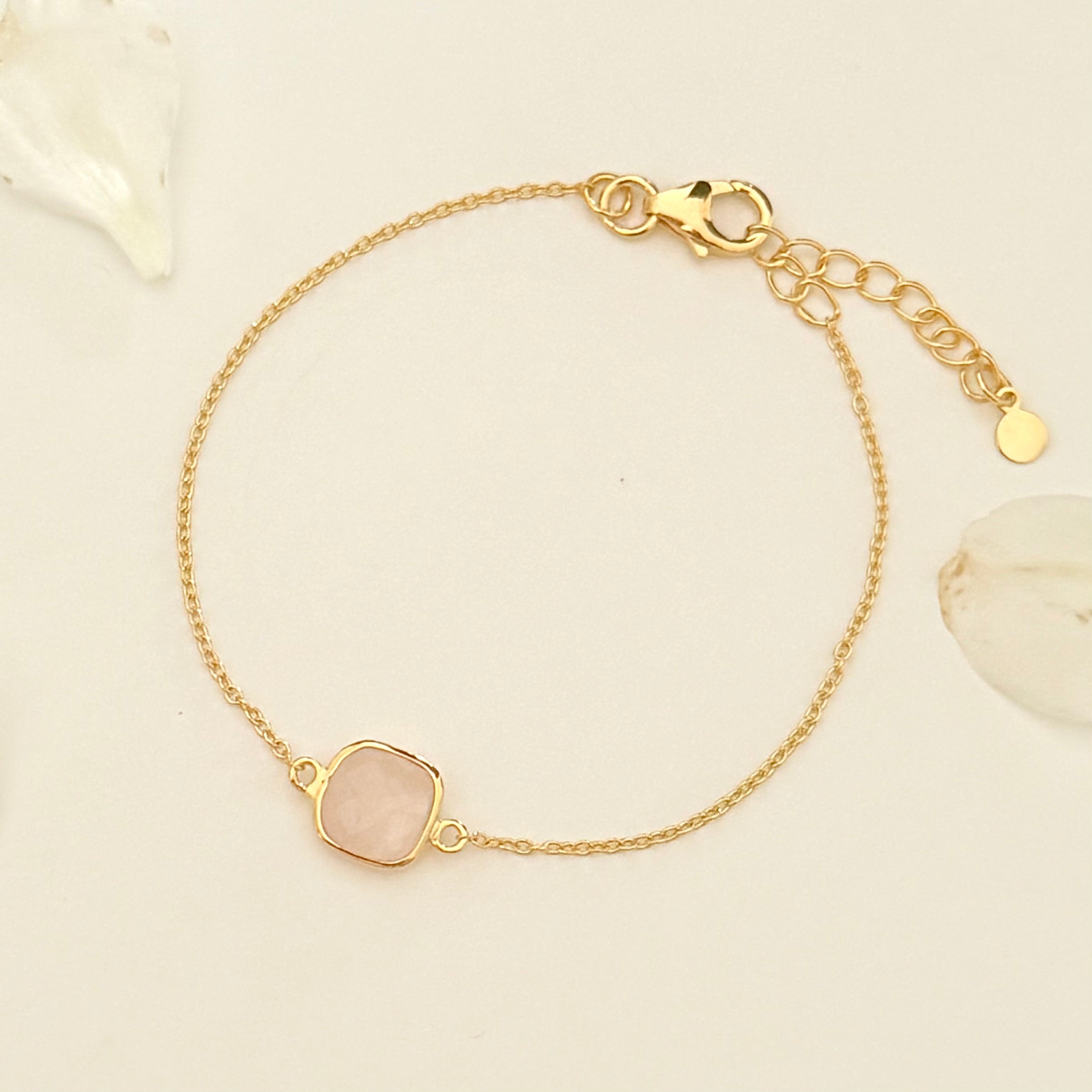 Minimal Adjustable Bracelet in 3 micron 18k Gold Plated Sterling Silver with a Squared Shaped Rose Quartz Gemstone