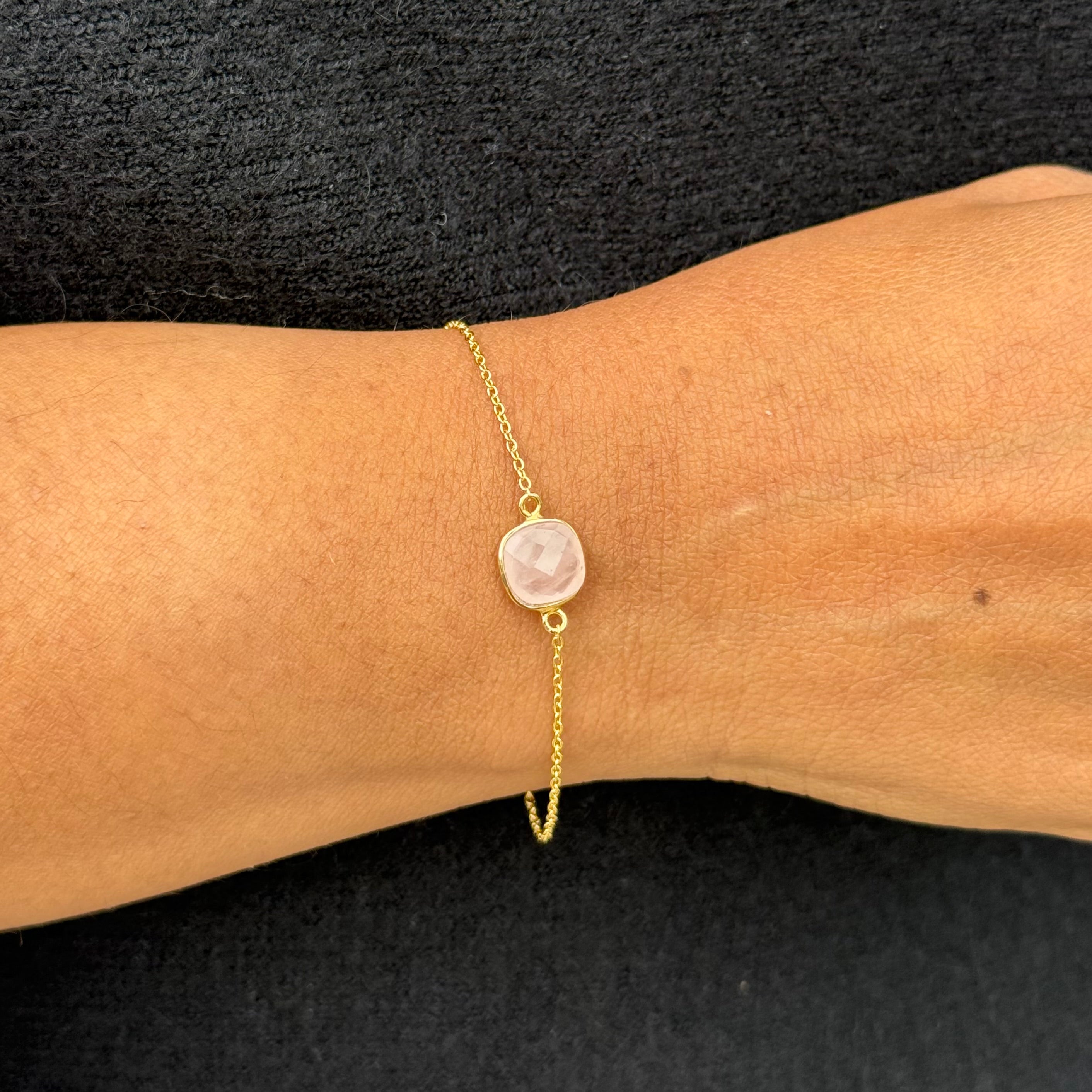 Minimal Adjustable Bracelet in 3 micron 18k Gold Plated Sterling Silver with a Squared Shaped Rose Quartz Gemstone