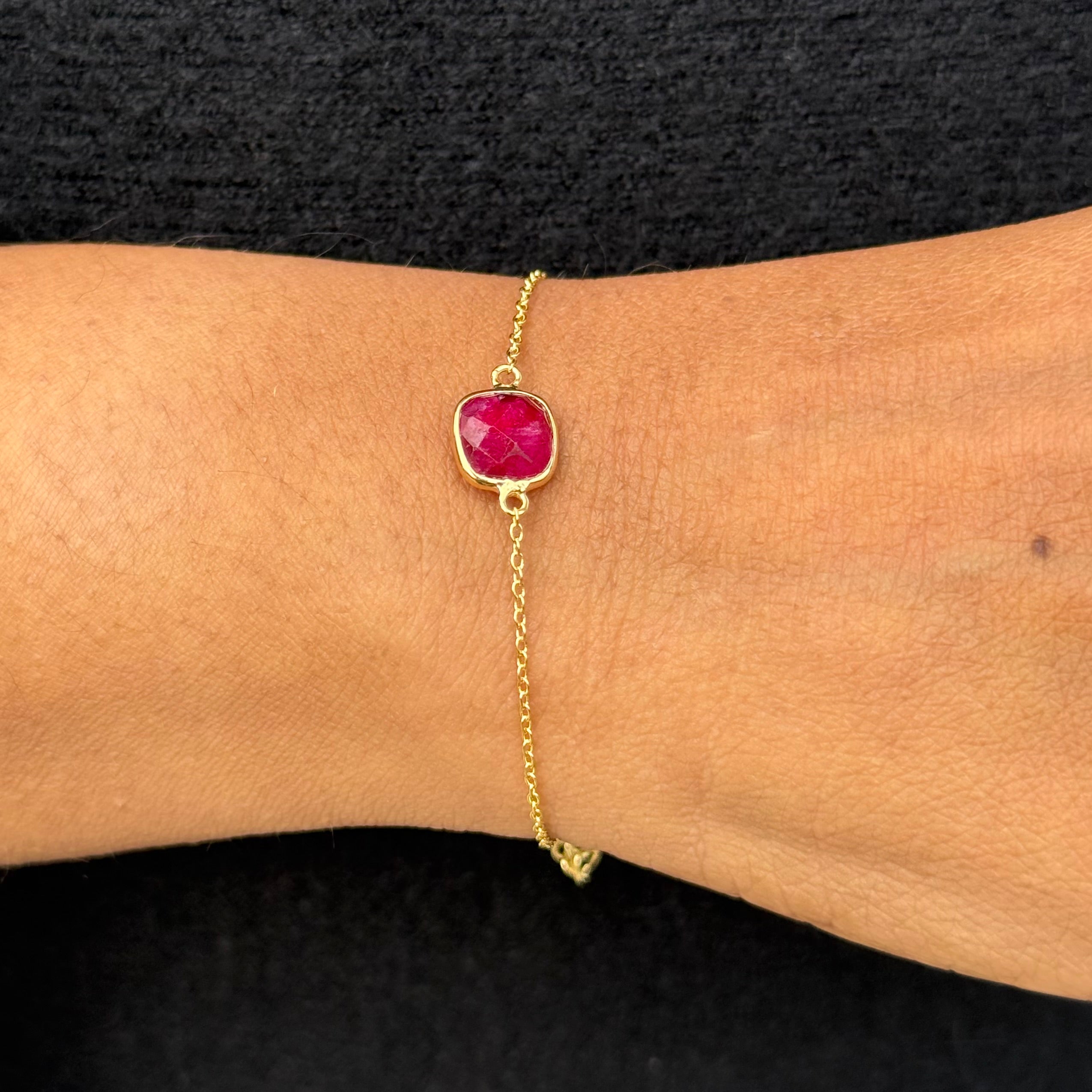 Minimal Adjustable Bracelet in 3 micron 18k Gold Plated Sterling Silver with a Squared Shaped Ruby Quartz Gemstone