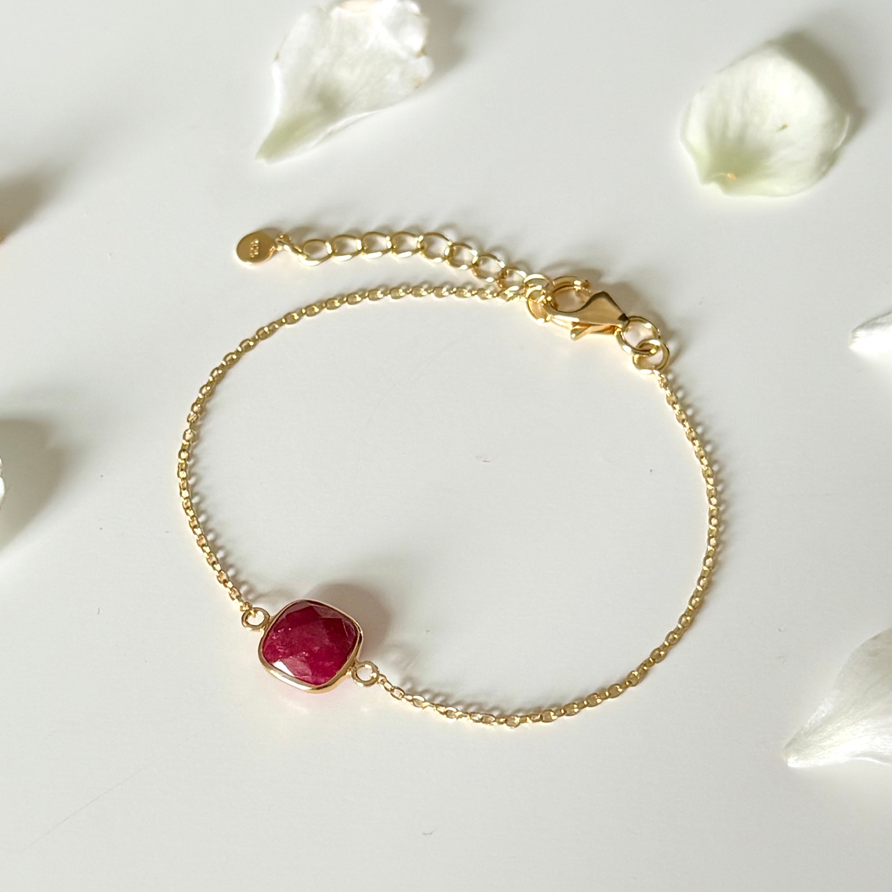 Minimal Adjustable Bracelet in 3 micron 18k Gold Plated Sterling Silver with a Squared Shaped Ruby Quartz Gemstone