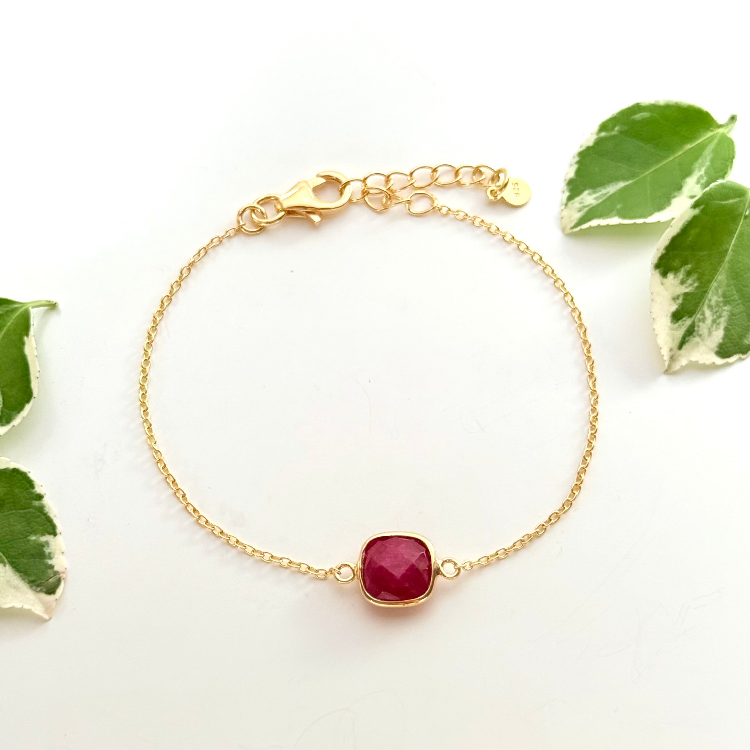 Minimal Adjustable Bracelet in 3 micron 18k Gold Plated Sterling Silver with a Squared Shaped Ruby Quartz Gemstone