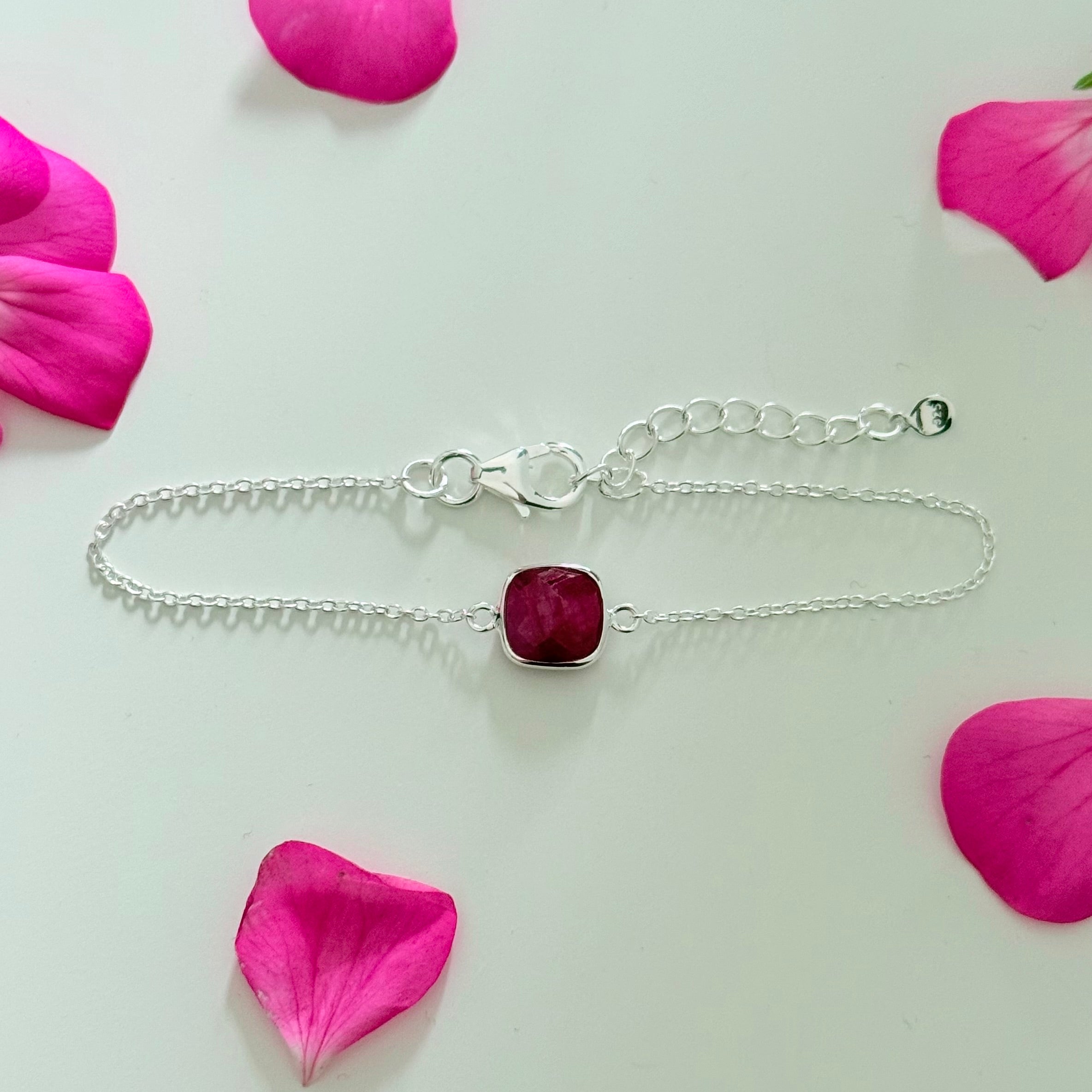 Minimal Adjustable Bracelet in Sterling Silver with a Square-Shaped Ruby Quartz Gemstone