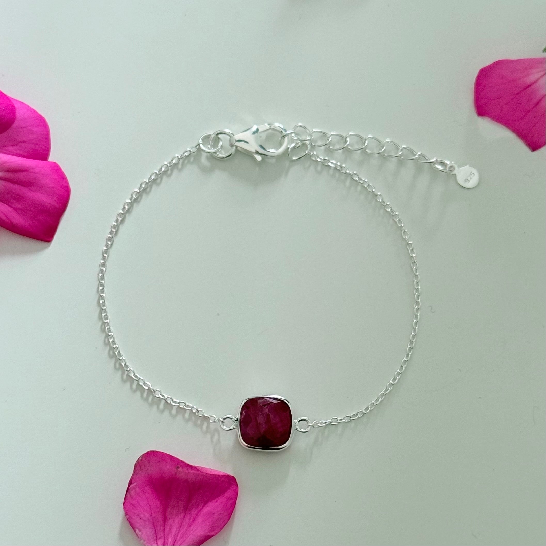 Minimal Adjustable Bracelet in Sterling Silver with a Square-Shaped Ruby Quartz Gemstone