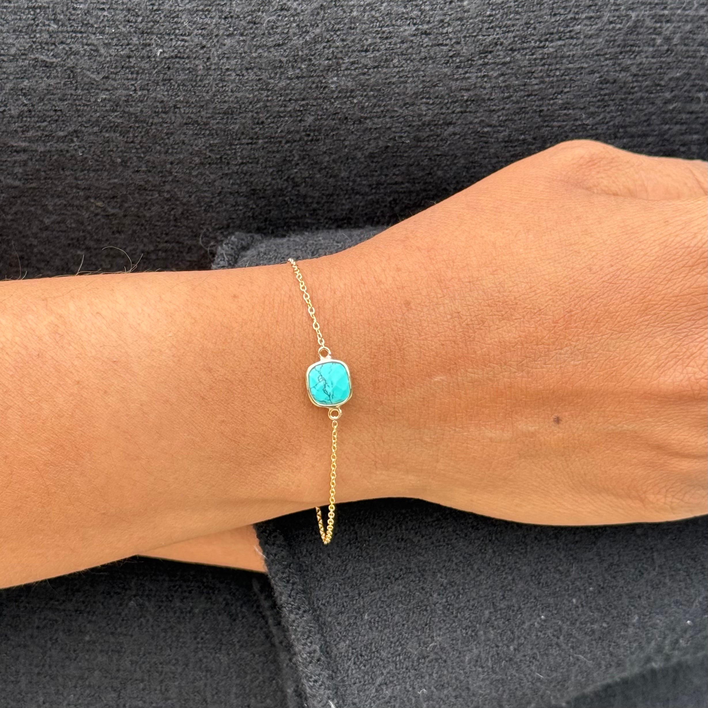 Minimal Adjustable Bracelet in 3 micron 18k Gold Plated Sterling Silver with a Squared Shaped Turquoise Gemstone