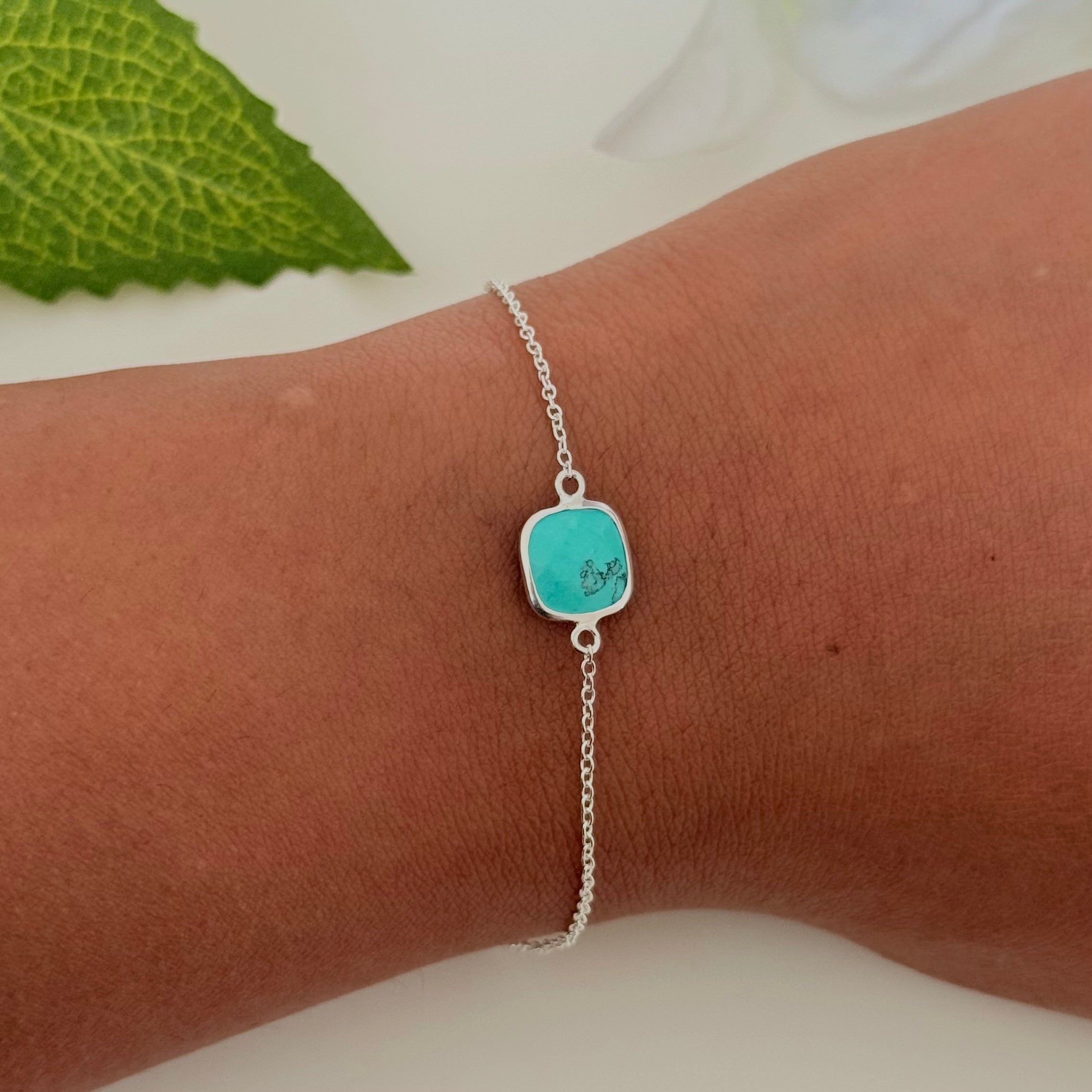 Minimal Adjustable Bracelet in Sterling Silver with a Square-Shaped Turquoise Gemstone
