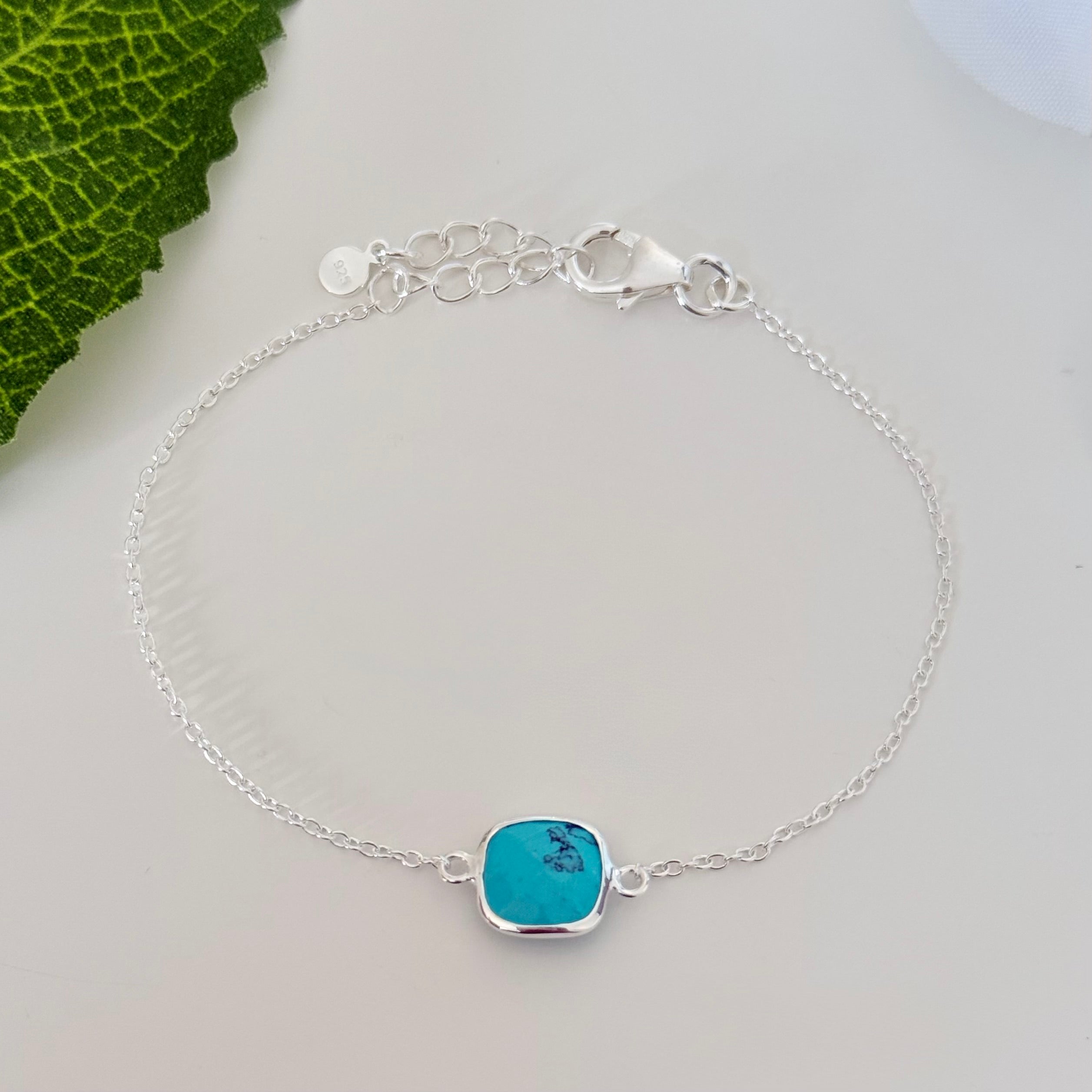 Minimal Adjustable Bracelet in Sterling Silver with a Square-Shaped Turquoise Gemstone