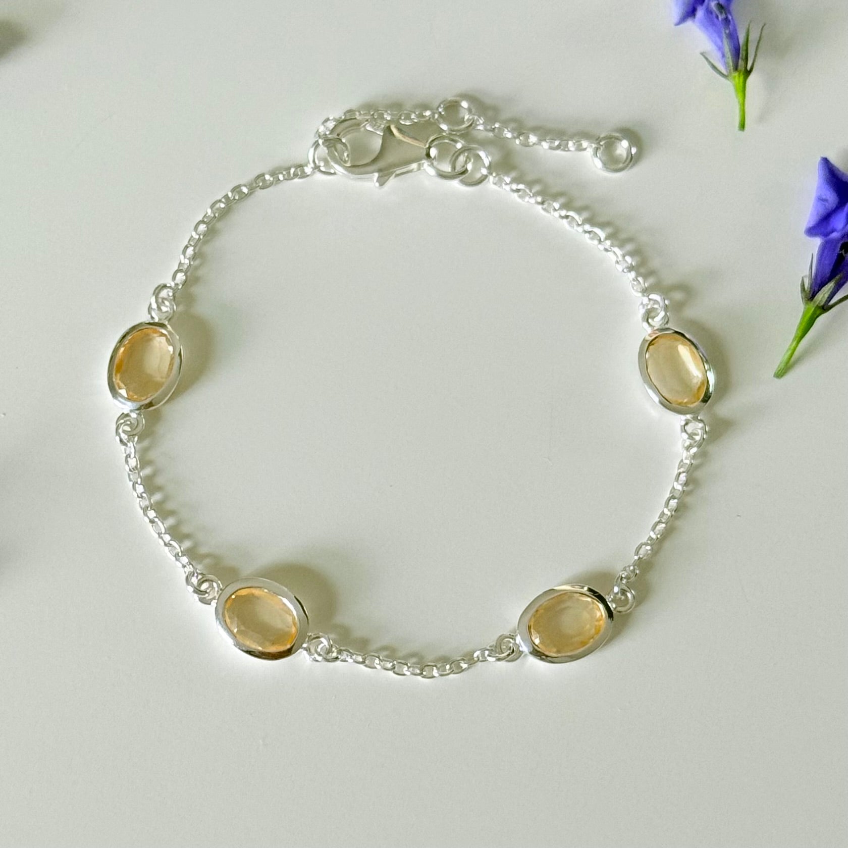 Four Oval Shaped Citrine Gemstone Adjustable Bracelet in Sterling Silver