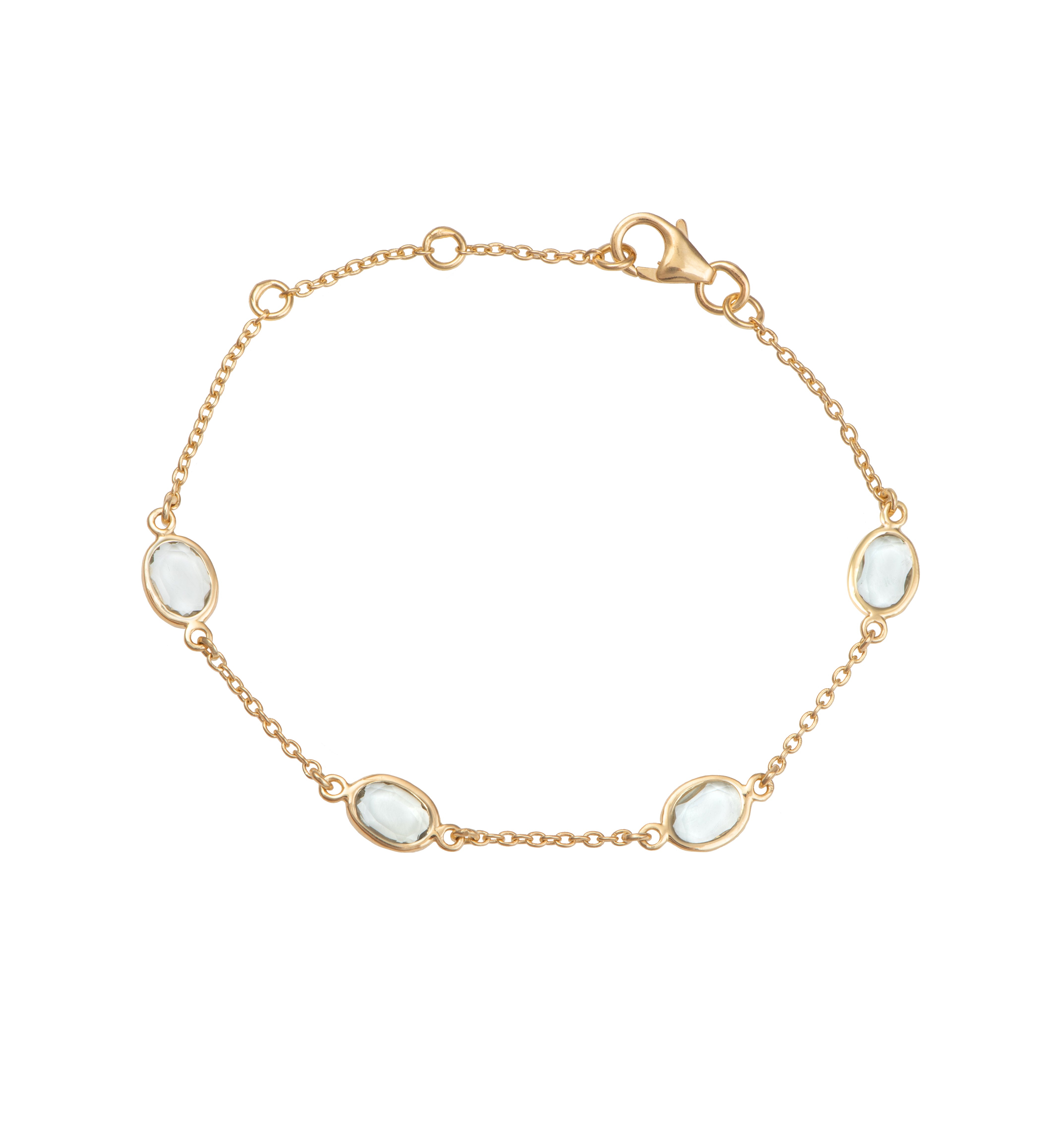 Four Oval Shaped Green Amethyst Gemstone Adjustable Bracelet in Vermeil Gold
