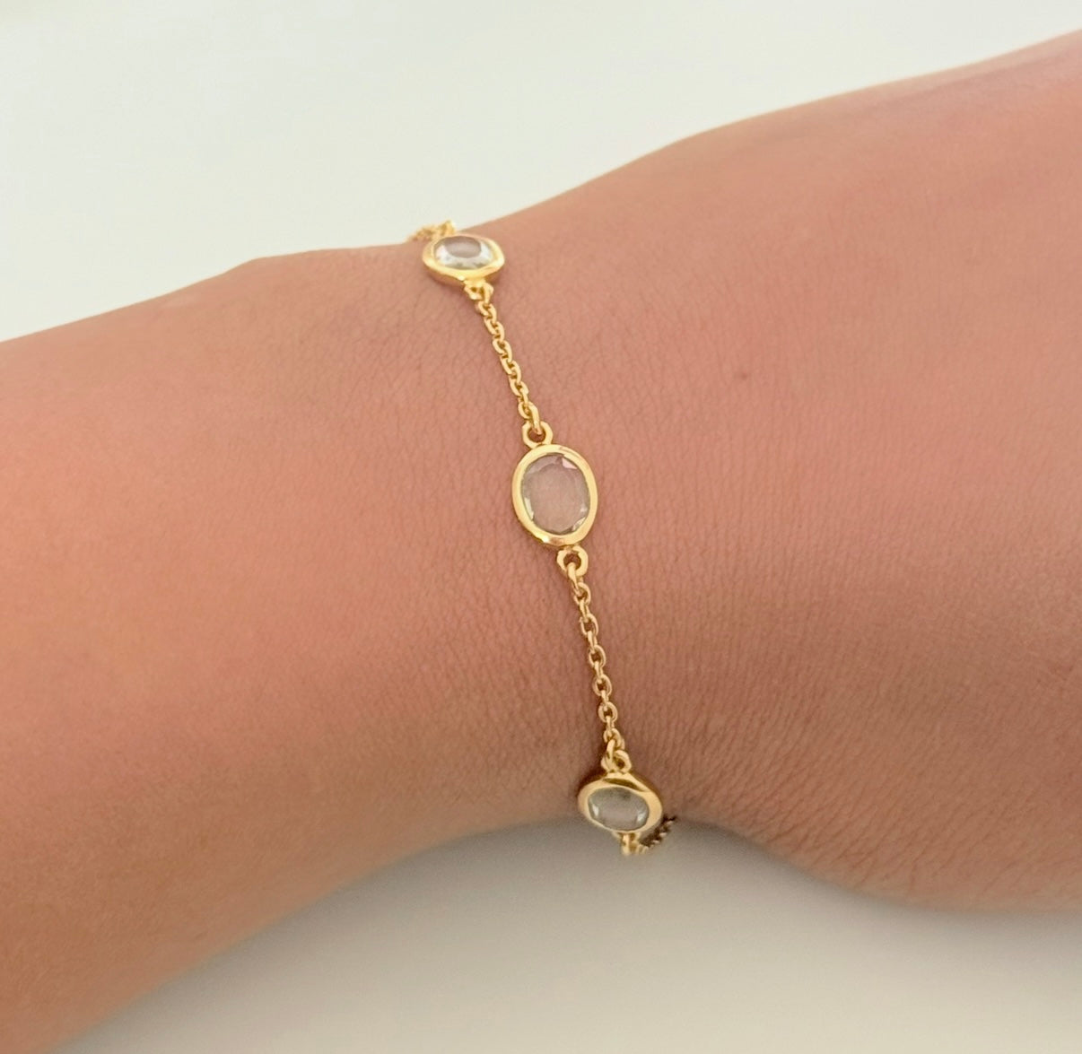 Four Oval Shaped Green Amethyst Gemstone Adjustable Bracelet in Vermeil Gold