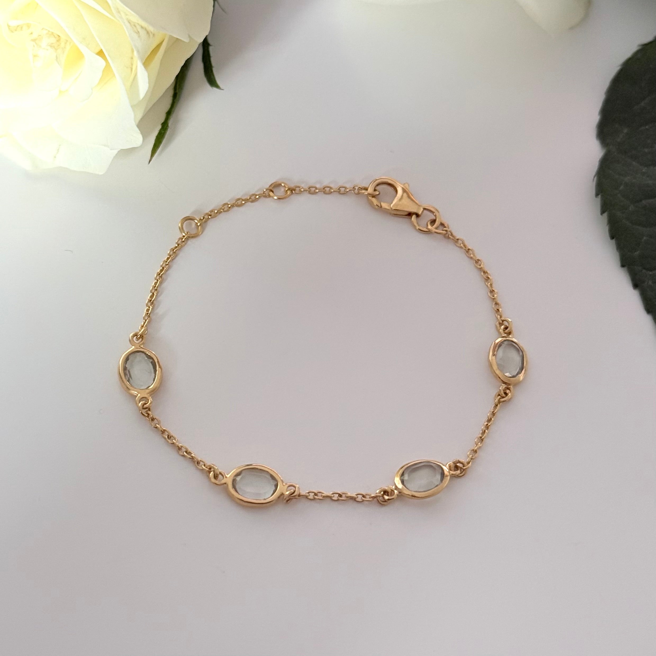 Four Oval Shaped Green Amethyst Gemstone Adjustable Bracelet in Vermeil Gold
