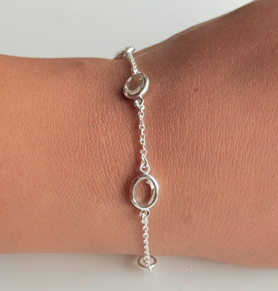 Four Oval Shaped Green Amethyst Gemstone Adjustable Bracelet in Sterling Silver