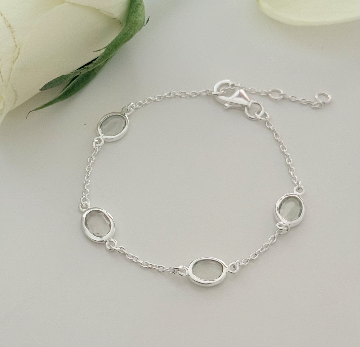 Four Oval Shaped Green Amethyst Gemstone Adjustable Bracelet in Sterling Silver