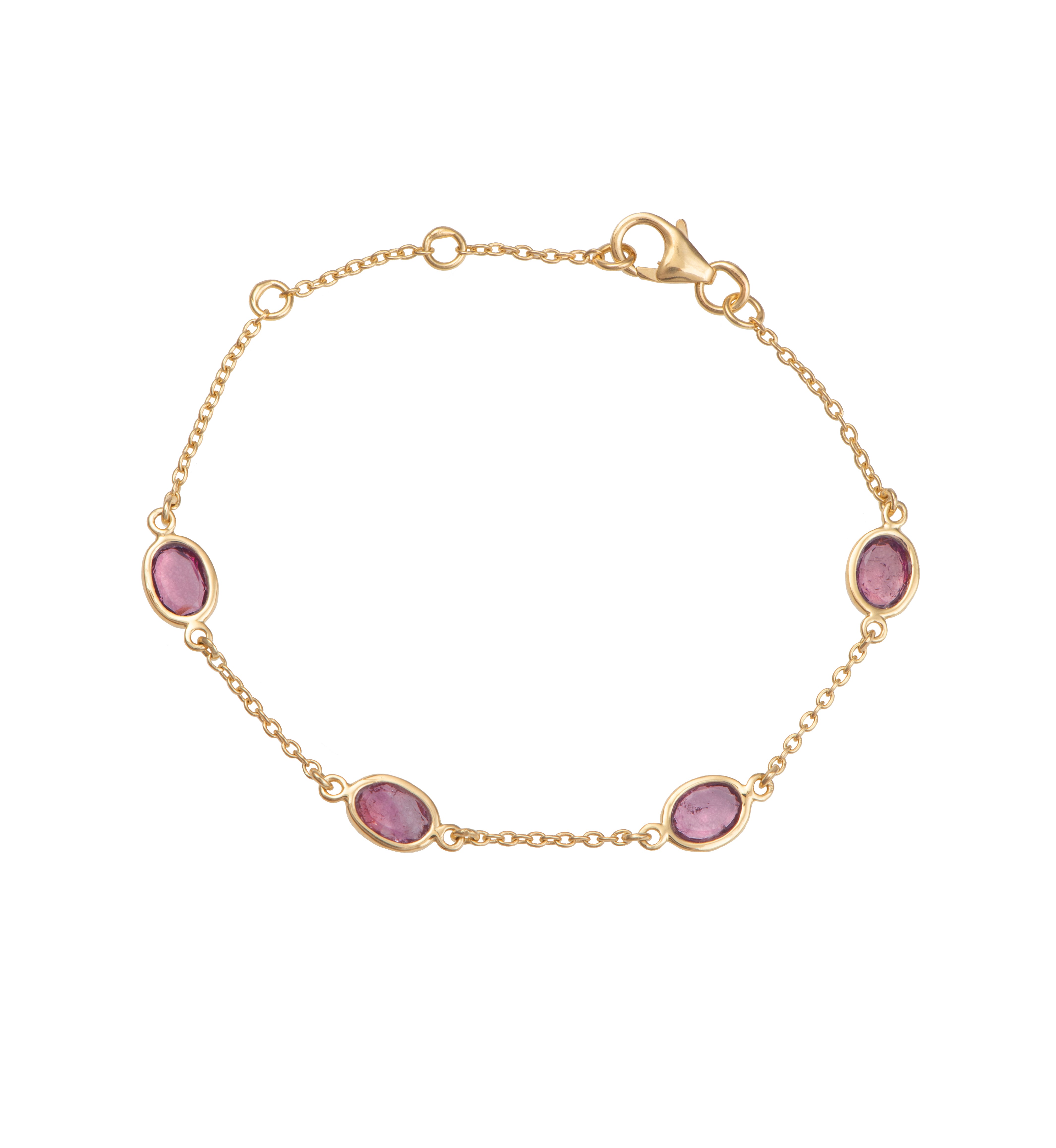 Four Oval Shaped Green Pink Tourmaline Gemstone Adjustable Bracelet in Vermeil Gold