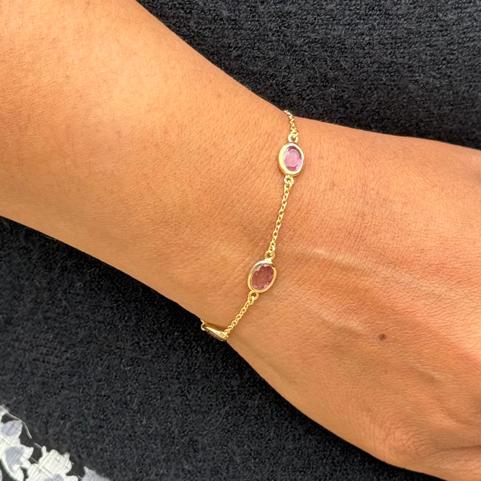 Four Oval Shaped Green Pink Tourmaline Gemstone Adjustable Bracelet in Vermeil Gold