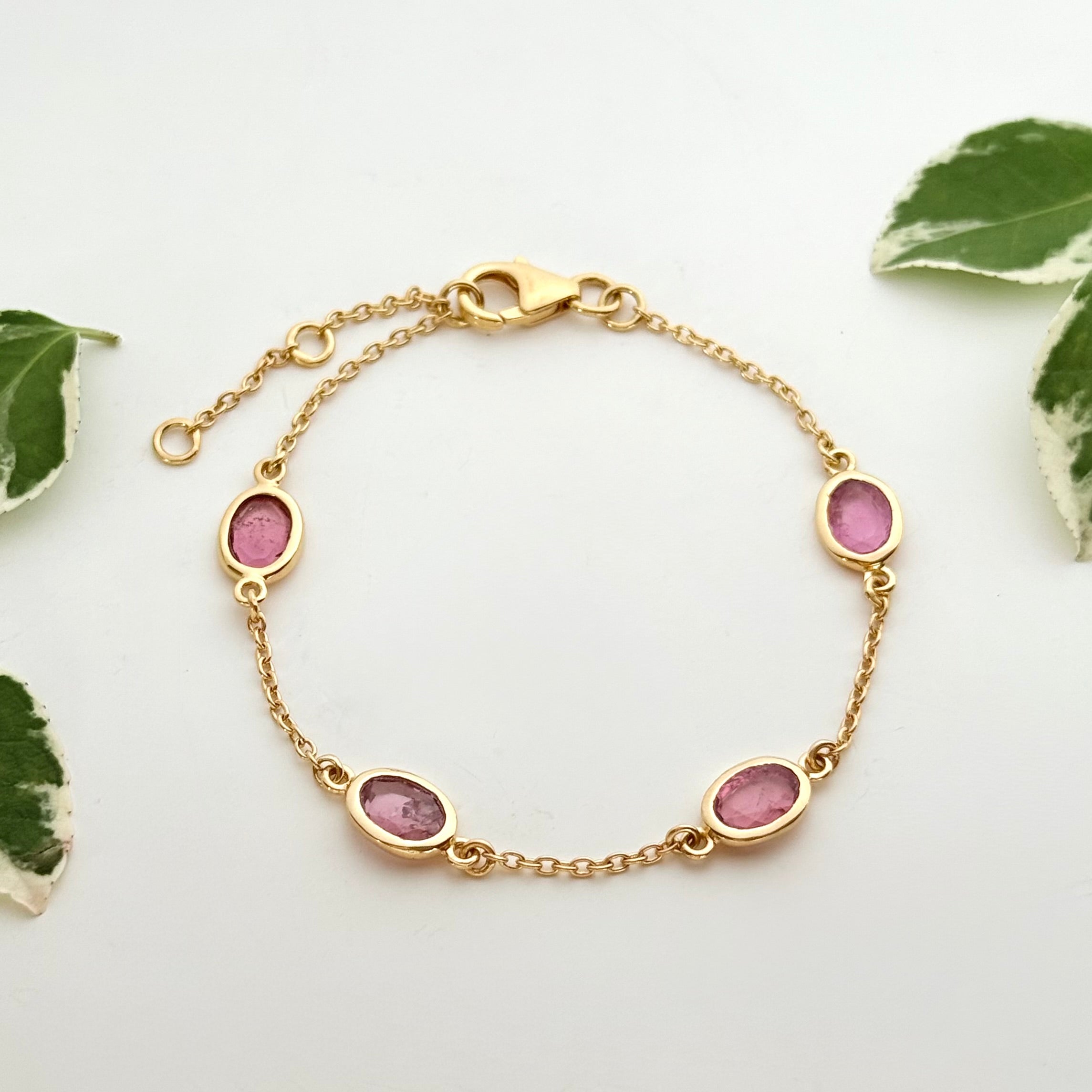 Four Oval Shaped Green Pink Tourmaline Gemstone Adjustable Bracelet in Vermeil Gold