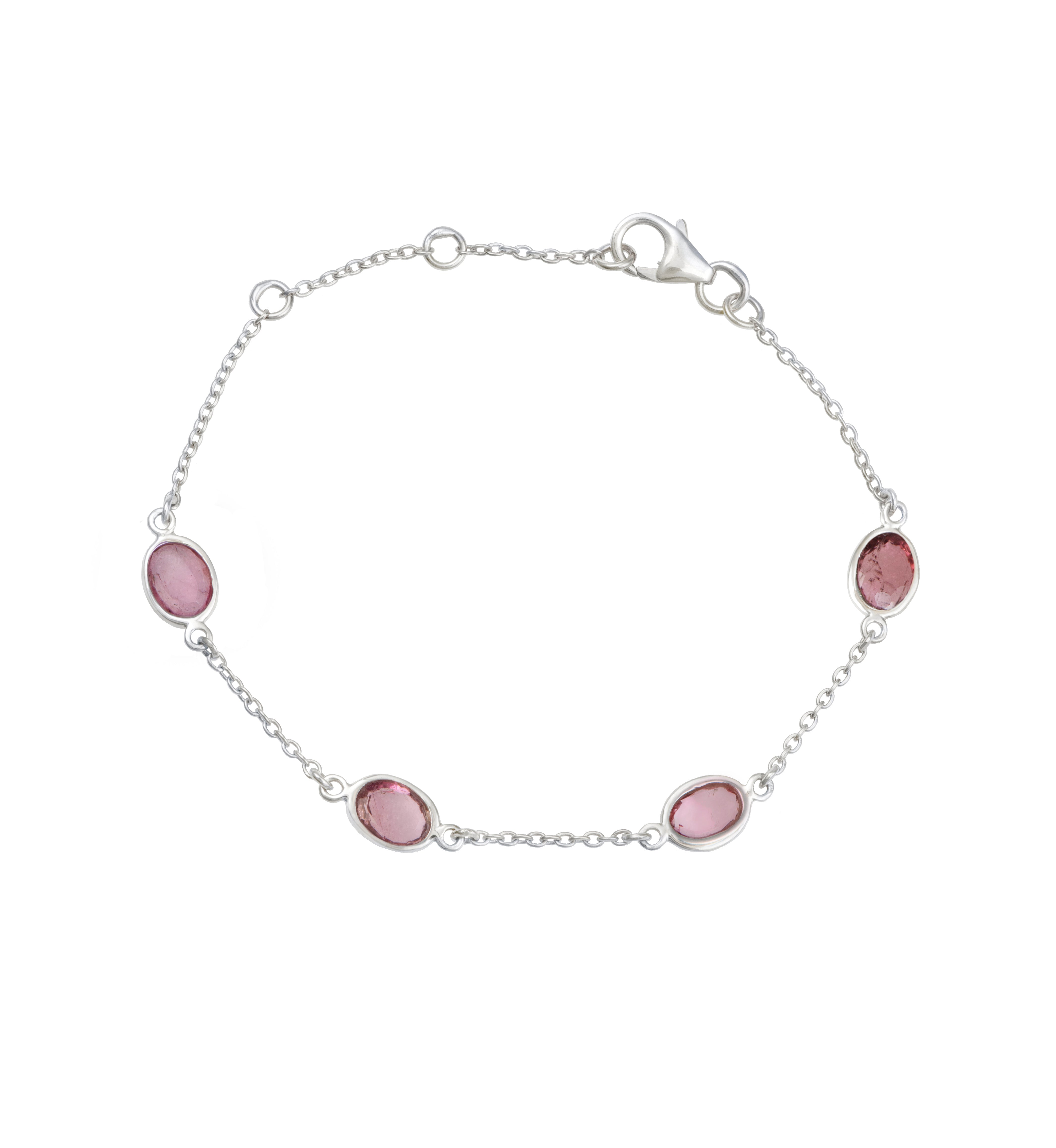 Four Oval Shaped Pink Tourmaline Gemstone Adjustable Bracelet in Sterling Silver