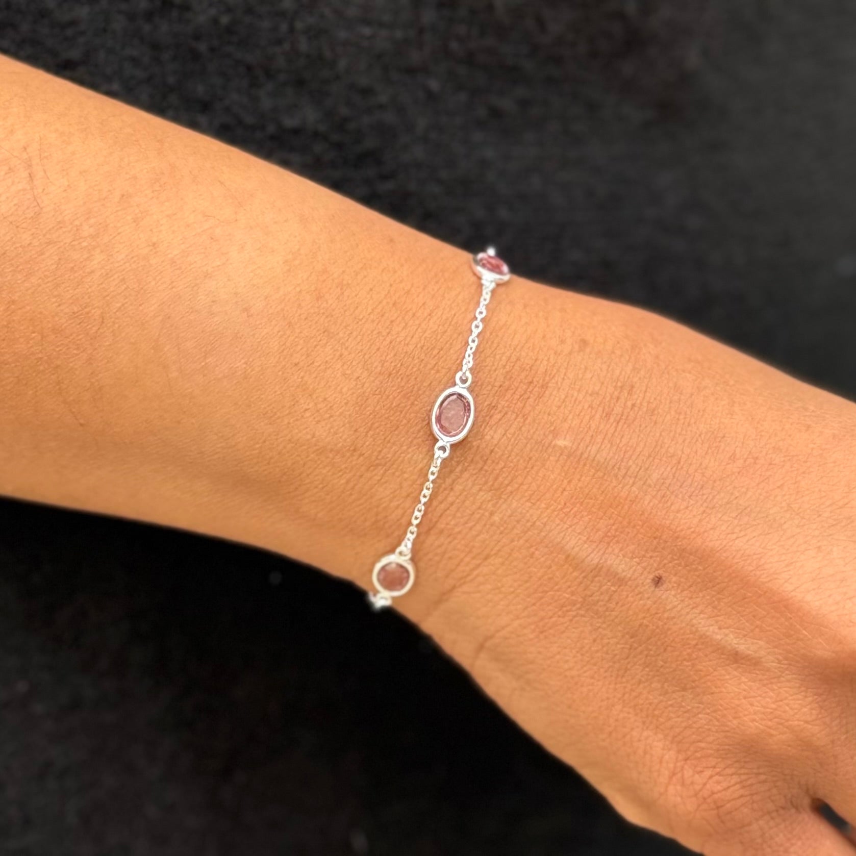 Four Oval Shaped Pink Tourmaline Gemstone Adjustable Bracelet in Sterling Silver