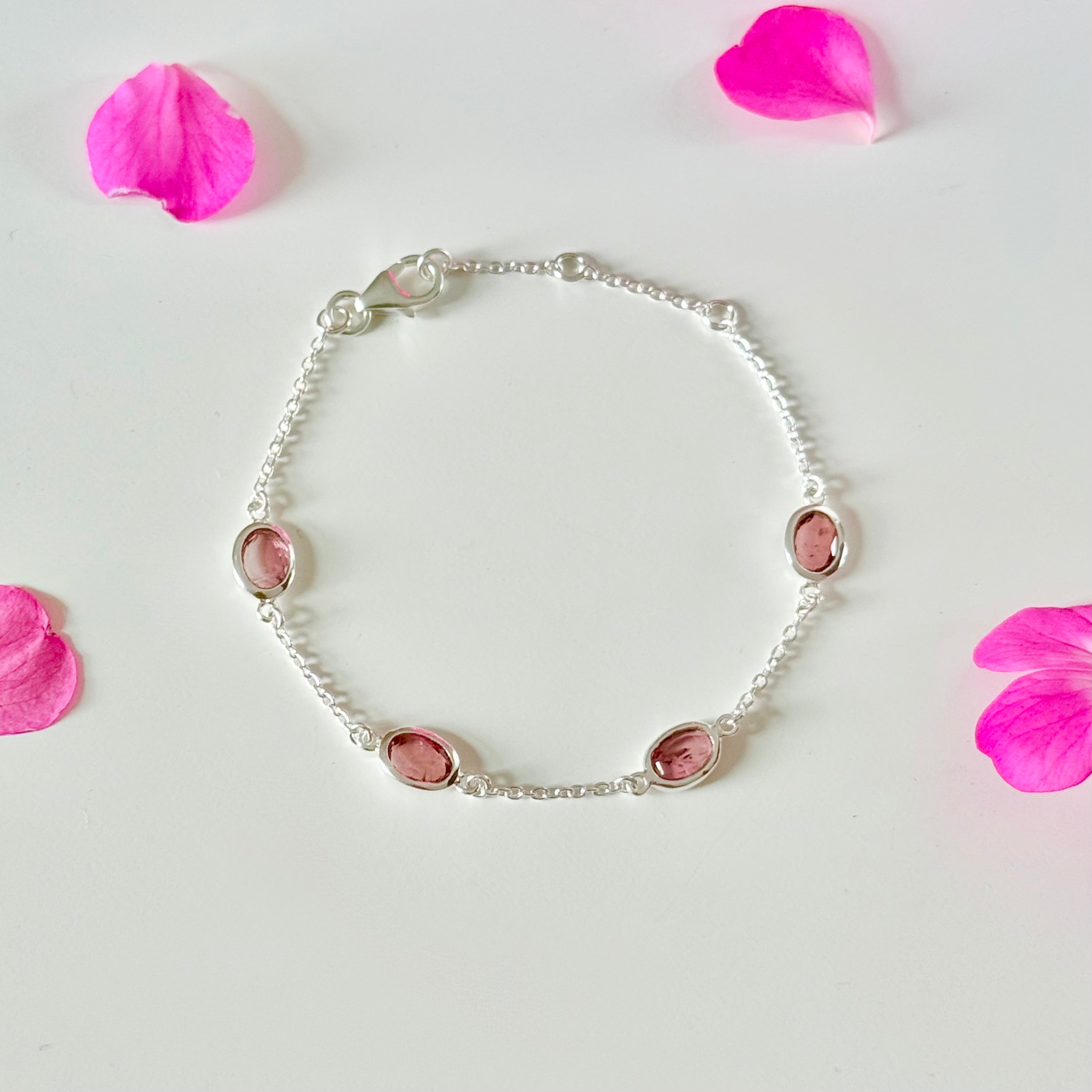 Four Oval Shaped Pink Tourmaline Gemstone Adjustable Bracelet in Sterling Silver