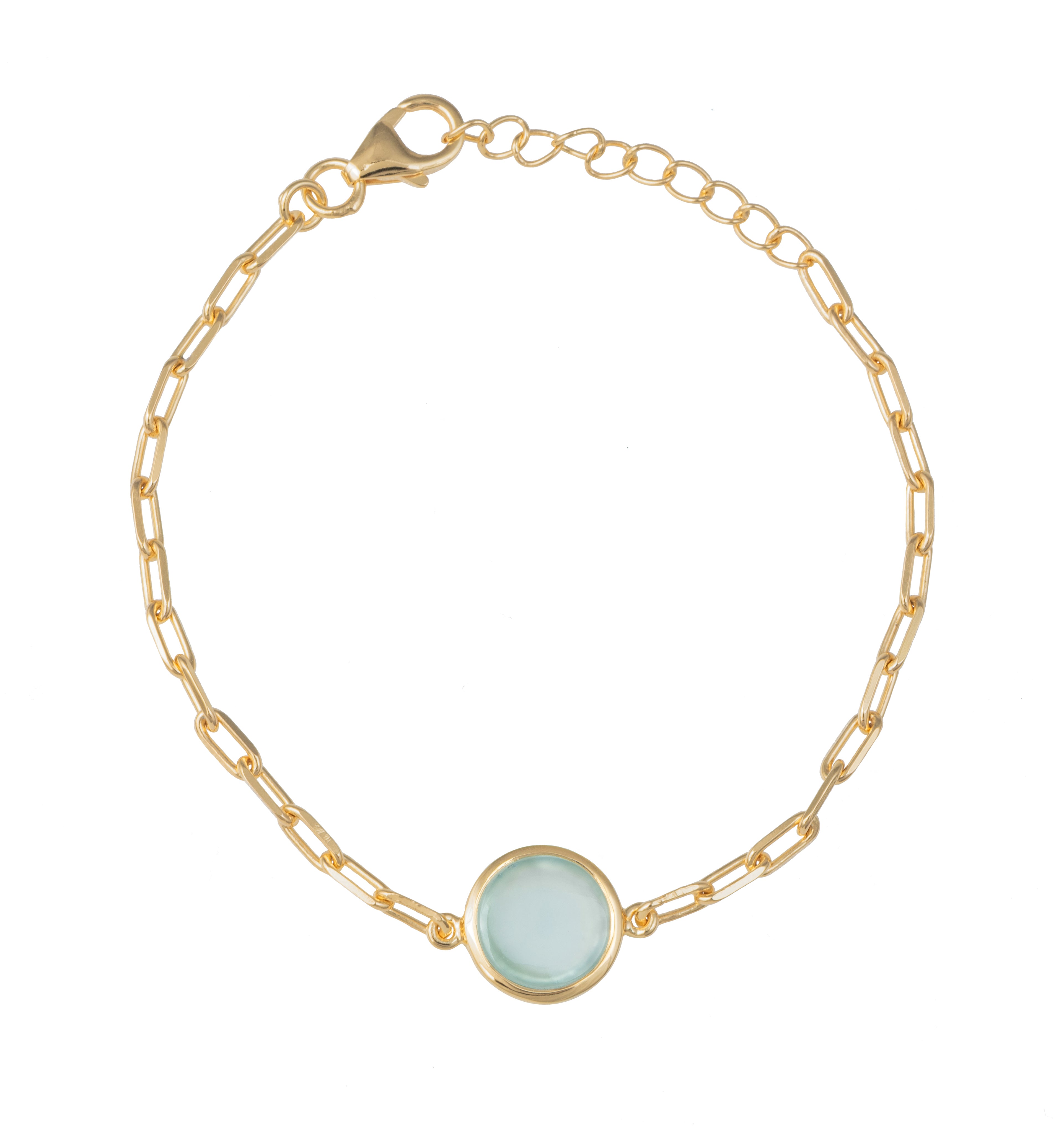 Vermeil Gold Paperclip Link Chain Adjustable Bracelet with Round Aqua Chalcedony Gemstone