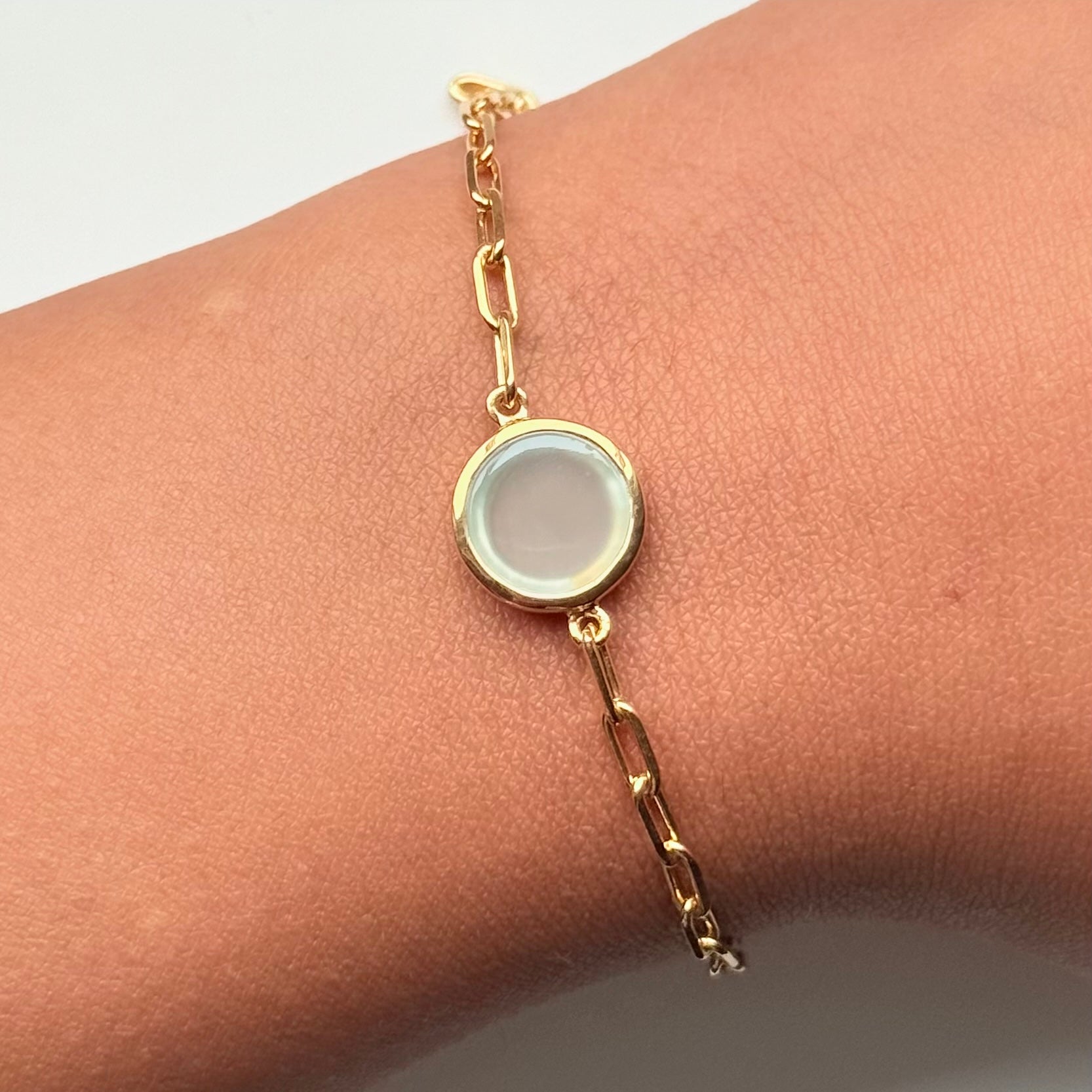 Vermeil Gold Paperclip Link Chain Adjustable Bracelet with Round Aqua Chalcedony Gemstone