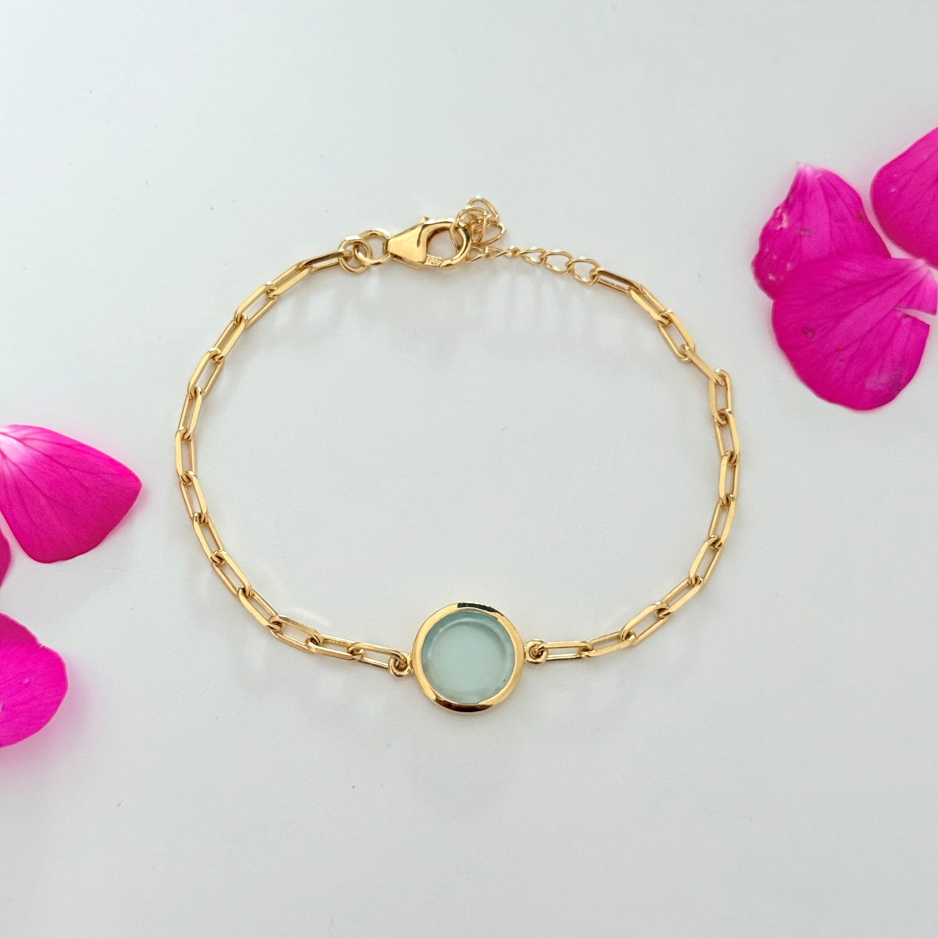 Vermeil Gold Paperclip Link Chain Adjustable Bracelet with Round Aqua Chalcedony Gemstone