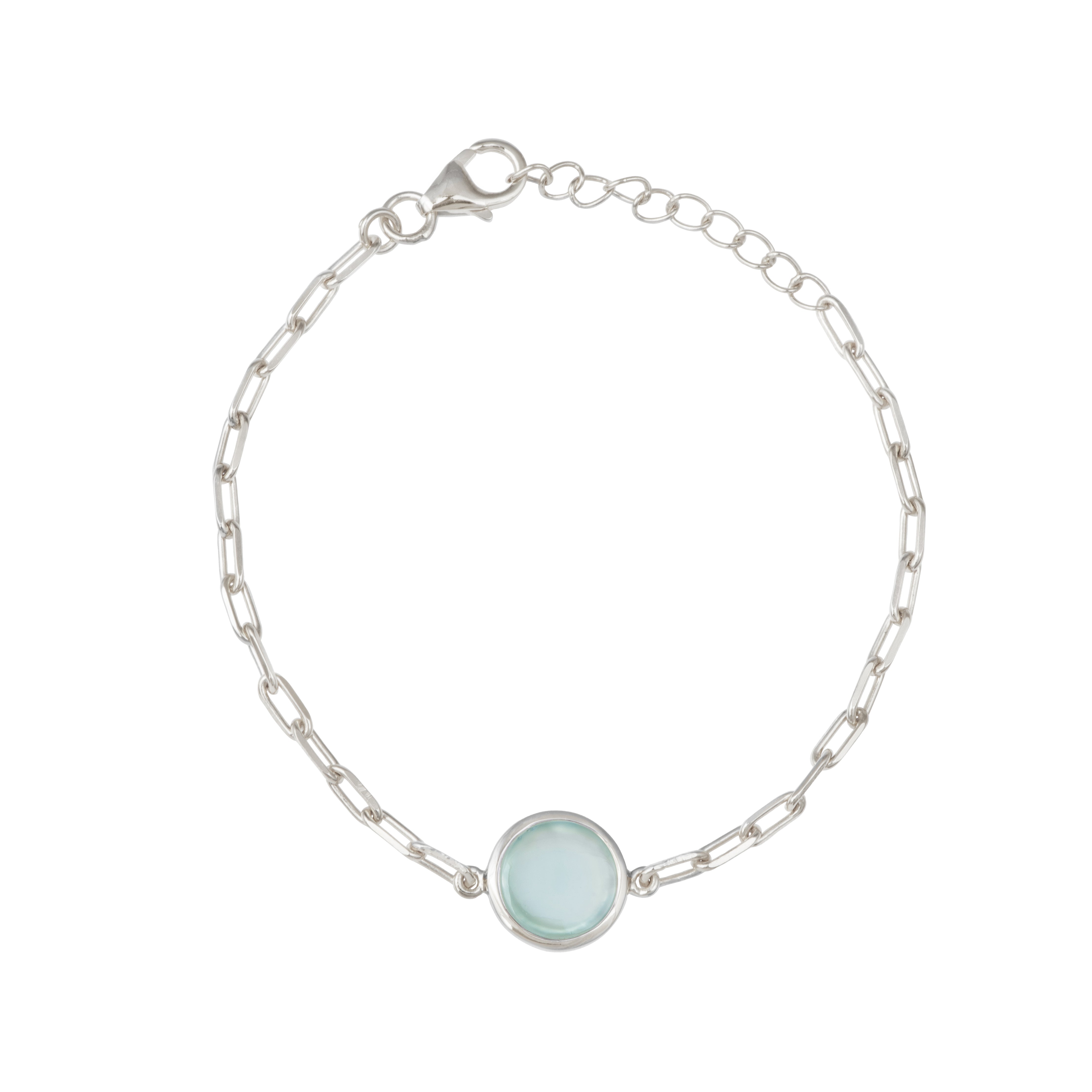 Sterling Silver Paperclip Link Chain Adjustable Bracelet with Round Aqua Chalcedony Gemstone