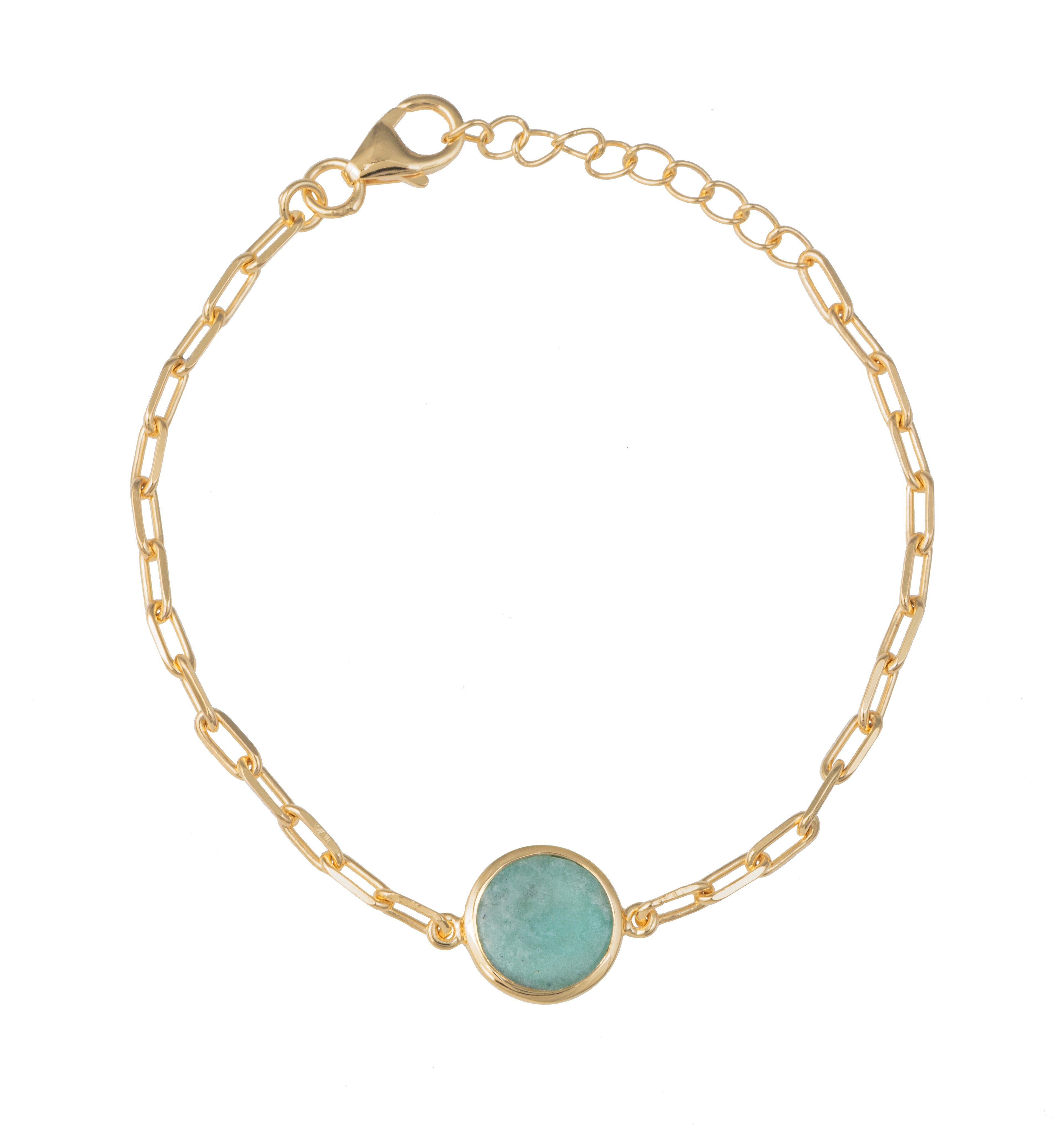 Vermeil Gold Paperclip Link Chain Adjustable Bracelet with Round Amazonite Gemstone