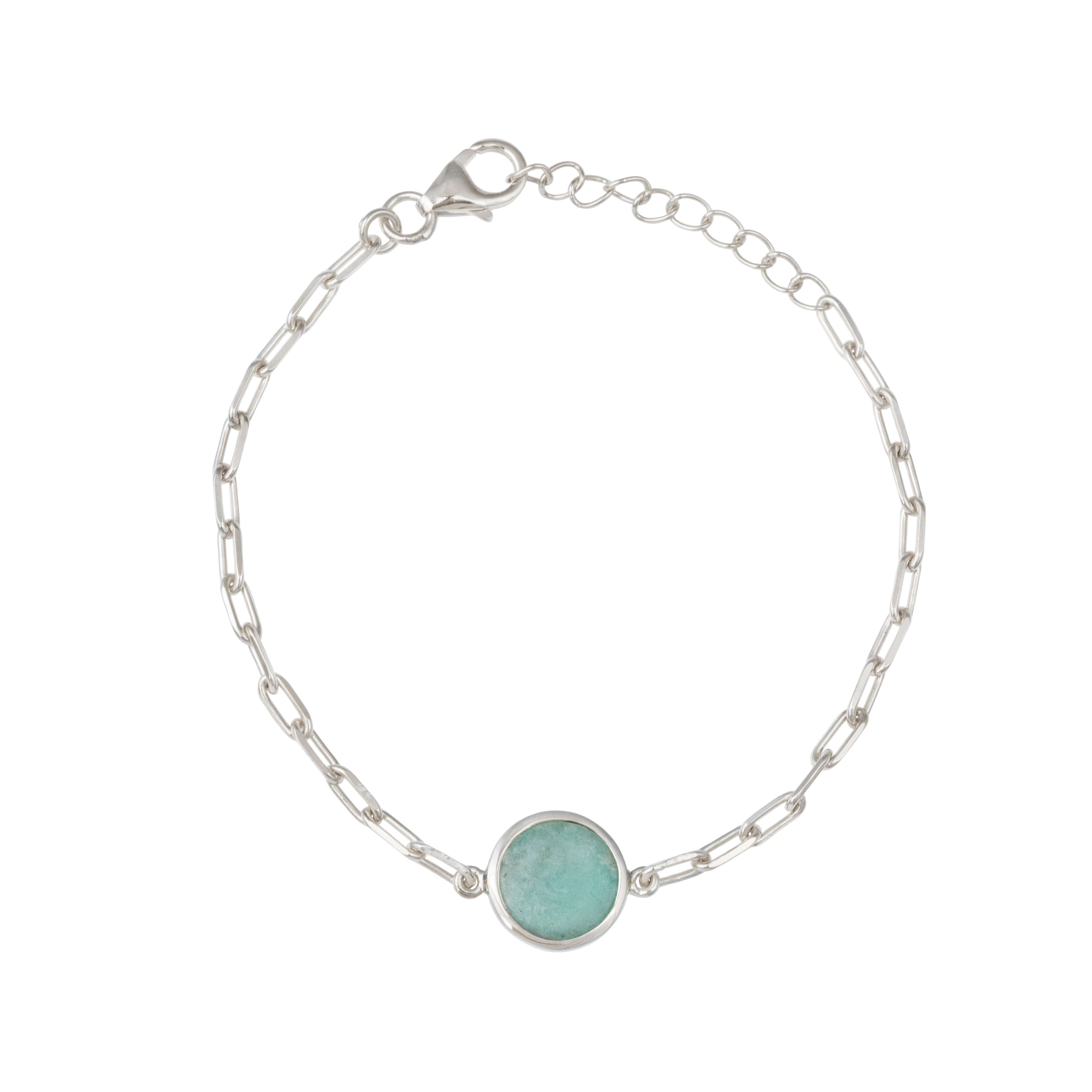 Sterling Silver Paperclip Link Chain Adjustable Bracelet with Round Amazonite Gemstone
