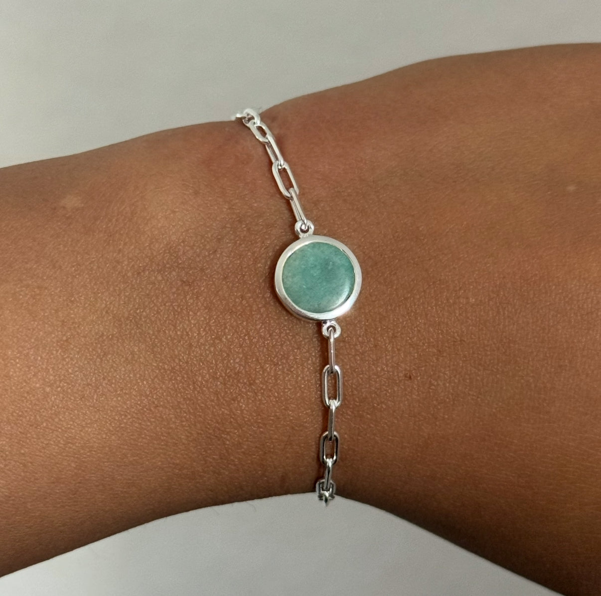 Sterling Silver Paperclip Link Chain Adjustable Bracelet with Round Amazonite Gemstone