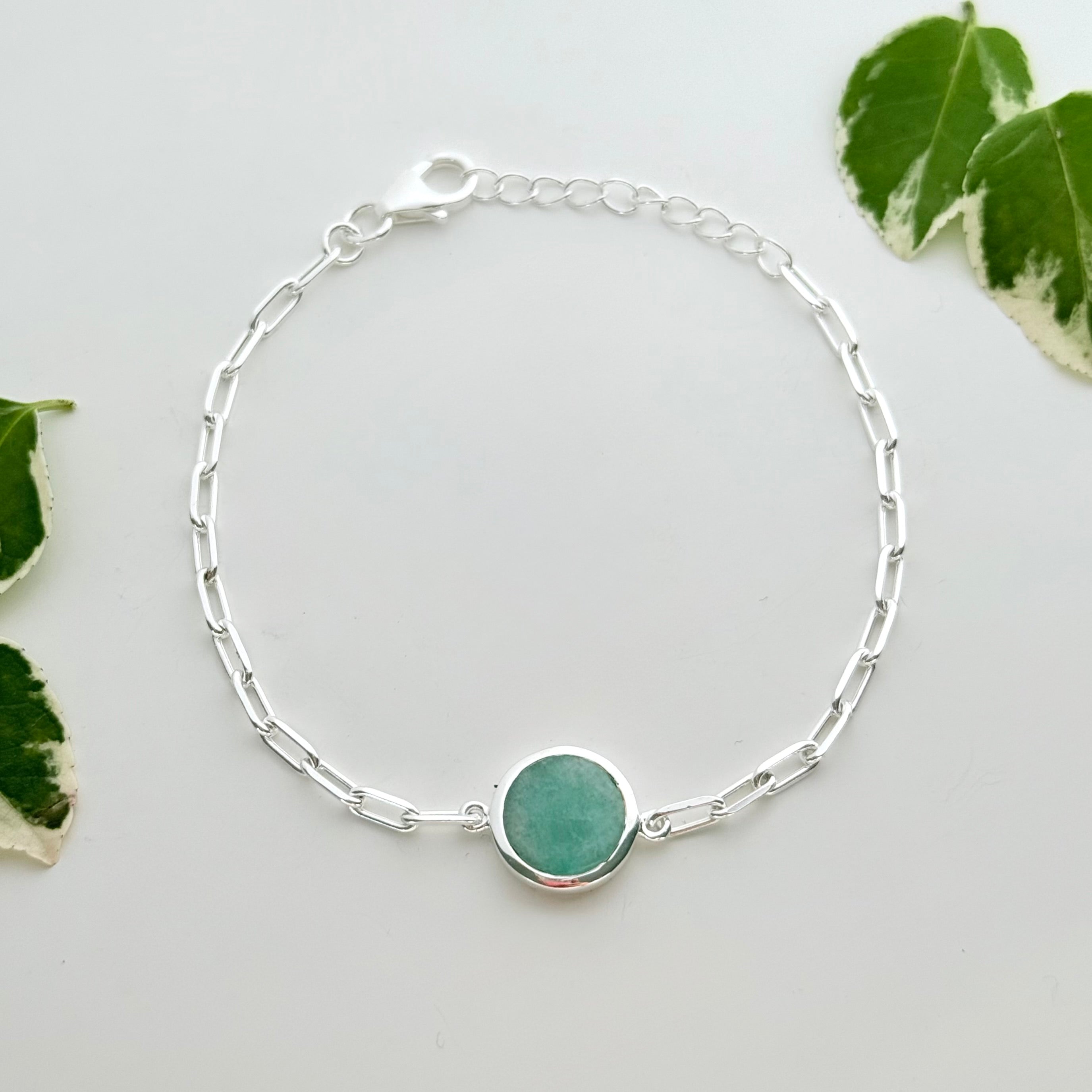 Sterling Silver Paperclip Link Chain Adjustable Bracelet with Round Amazonite Gemstone