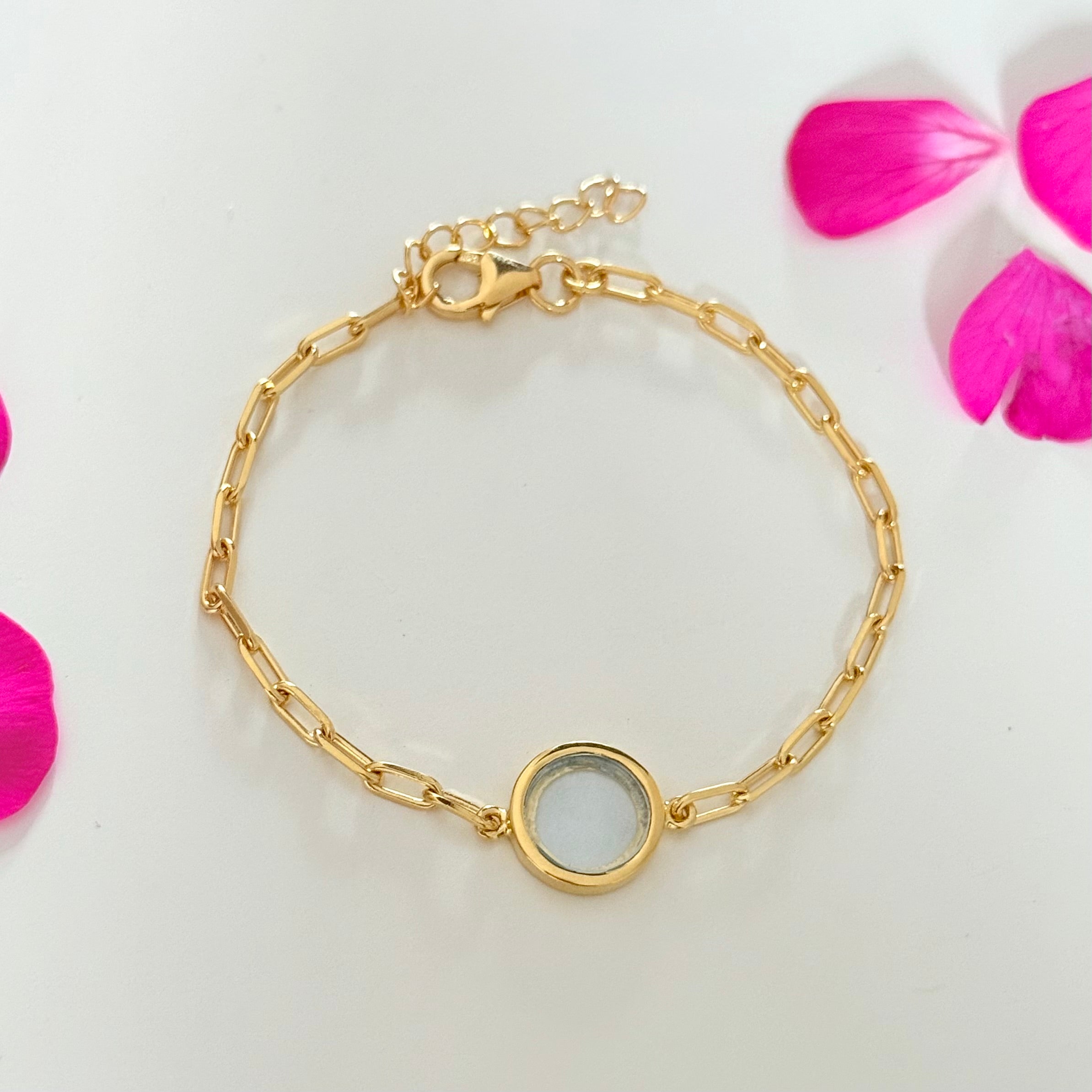 Vermeil Gold Paperclip Link Chain Adjustable Bracelet with Round Blue Topaz Gemstone