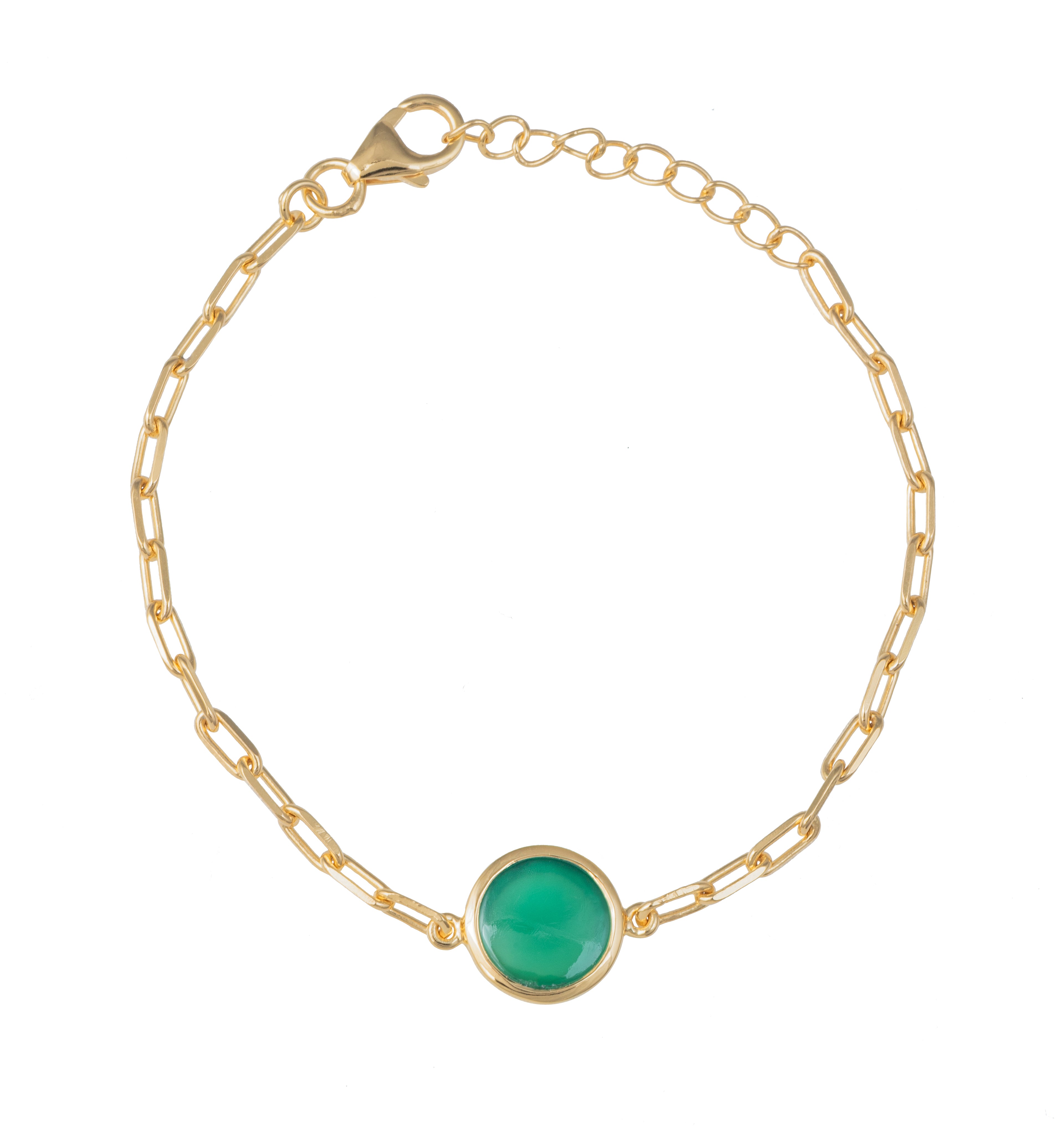 Vermeil Gold Paperclip Link Chain Adjustable Bracelet with Round Green Onyx Gemstone