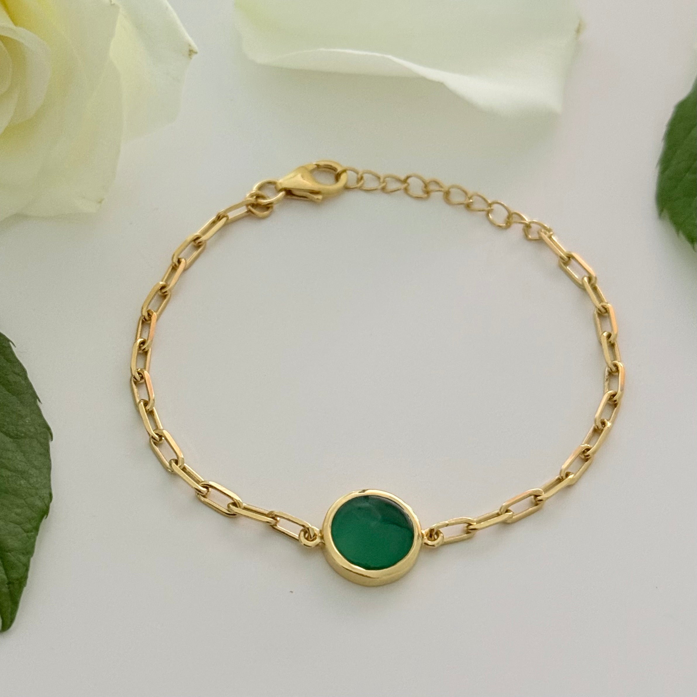 Vermeil Gold Paperclip Link Chain Adjustable Bracelet with Round Green Onyx Gemstone