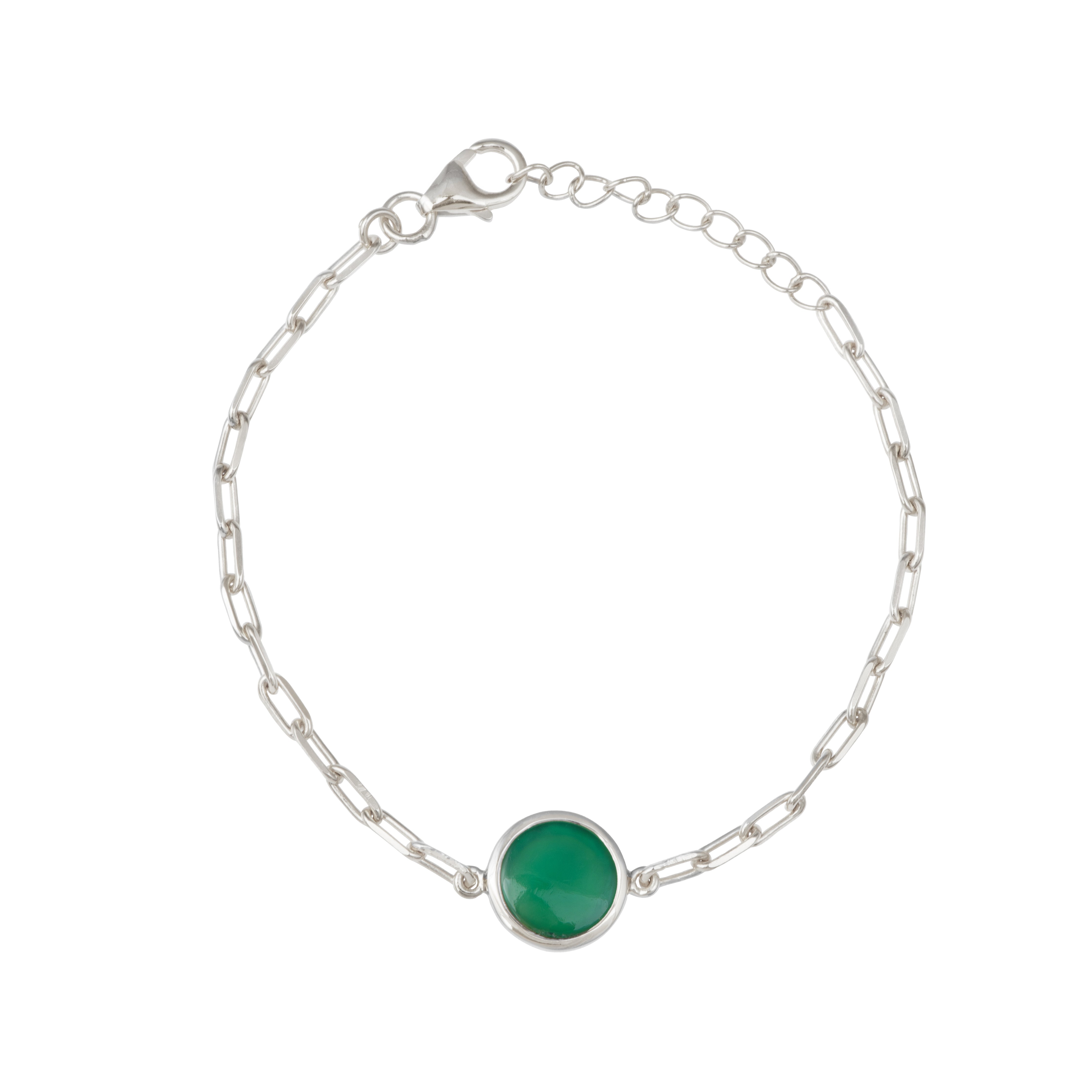 Sterling Silver Paperclip Link Chain Adjustable Bracelet with Round Green Onyx Gemstone