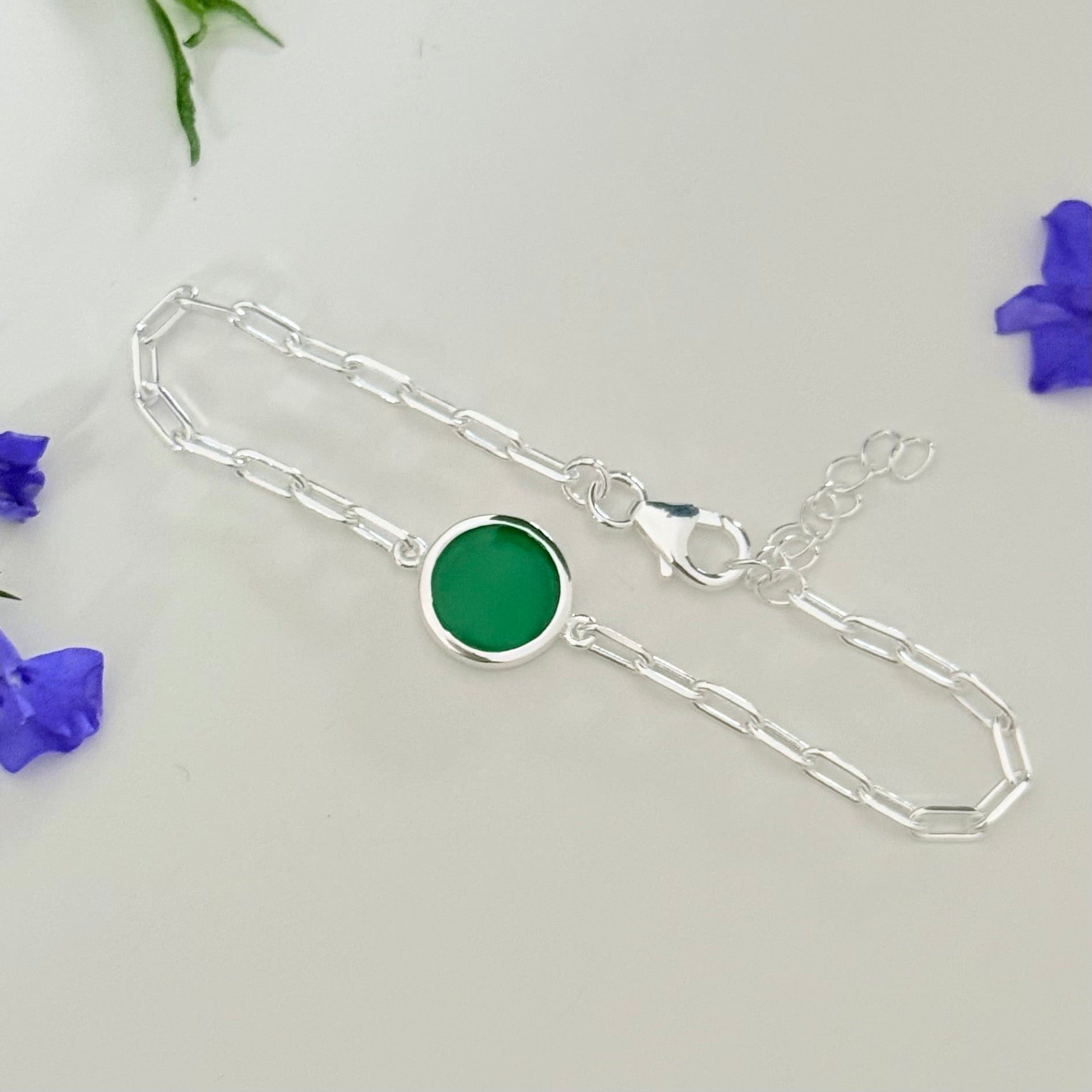 Sterling Silver Paperclip Link Chain Adjustable Bracelet with Round Green Onyx Gemstone