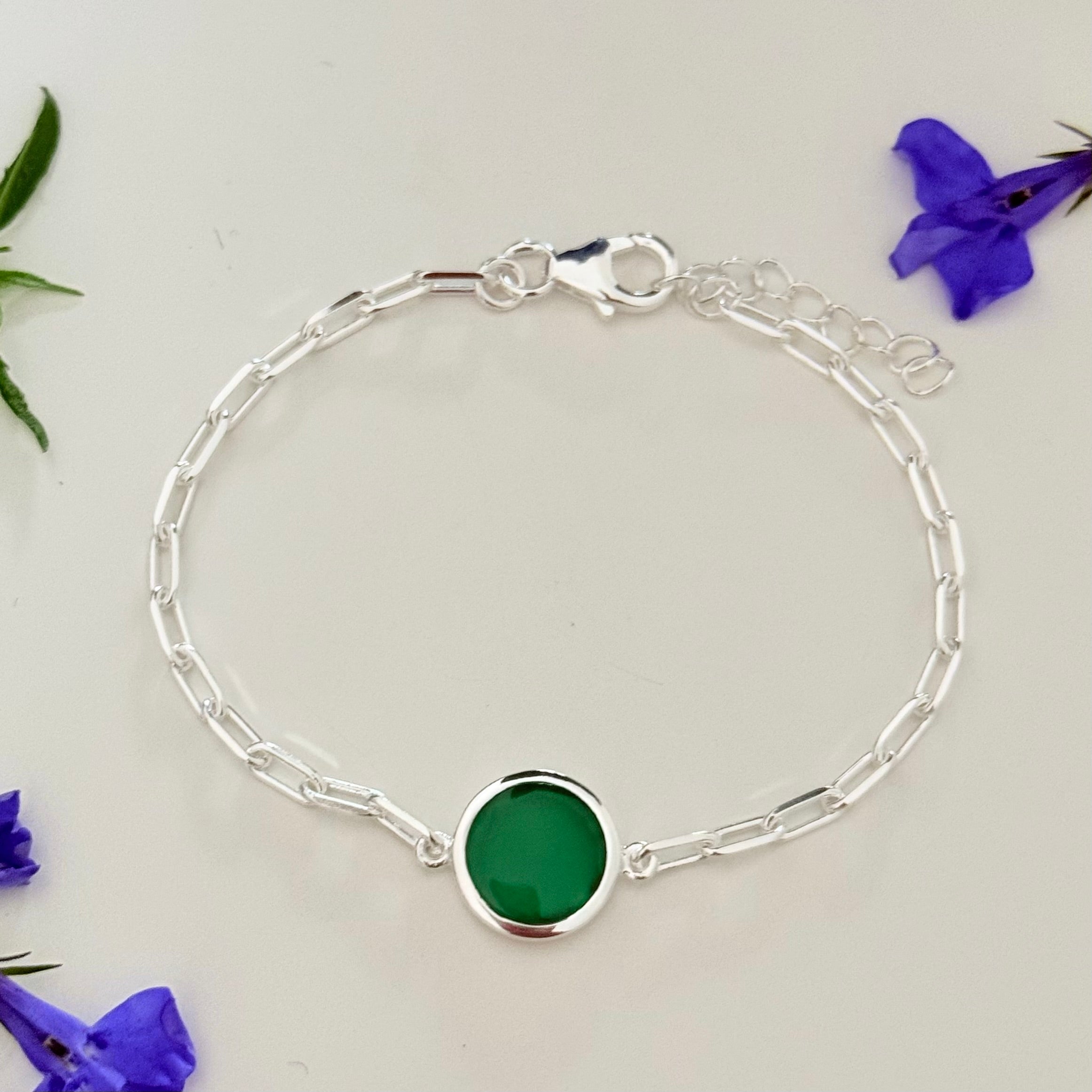 Sterling Silver Paperclip Link Chain Adjustable Bracelet with Round Green Onyx Gemstone