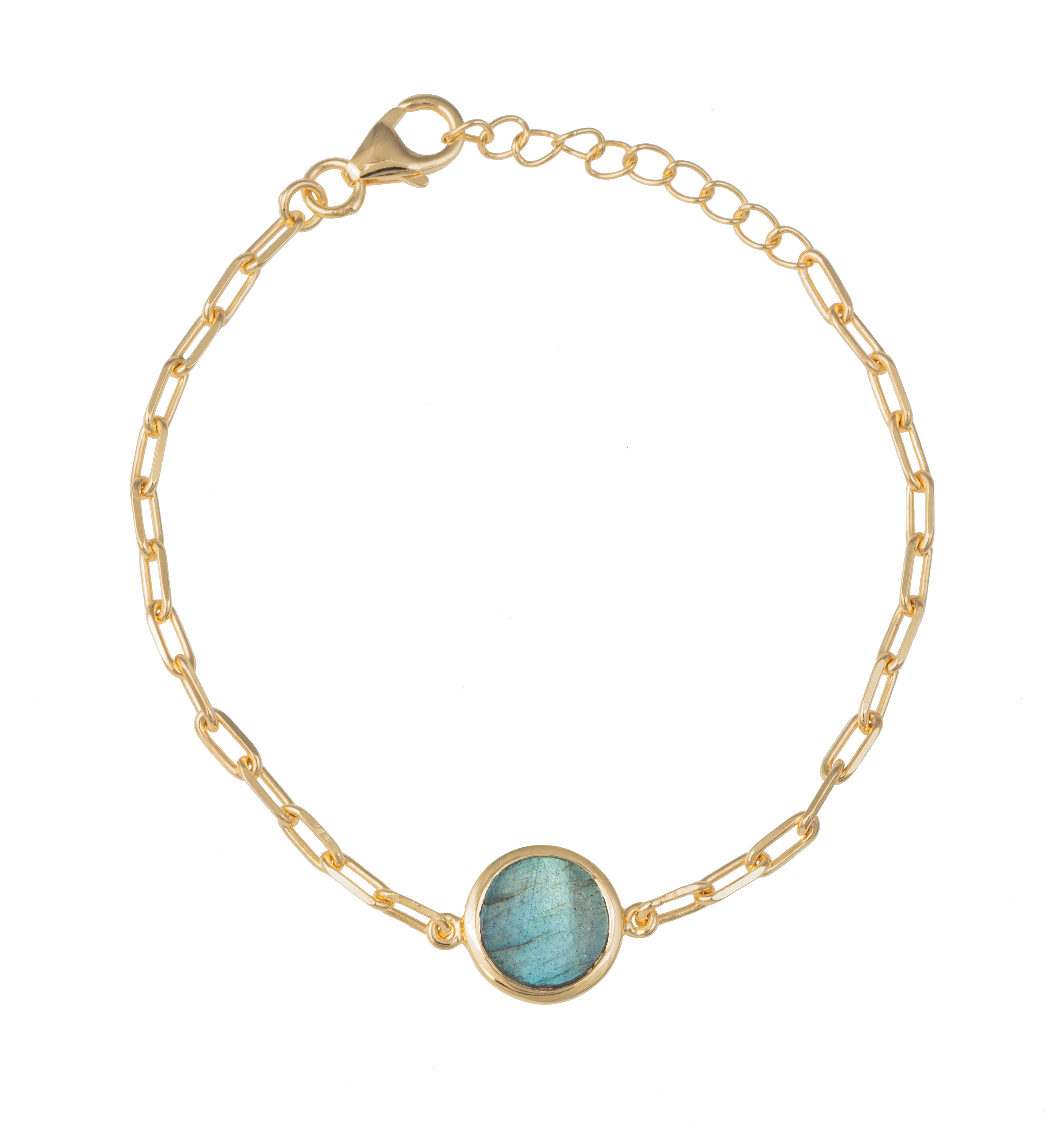 Vermeil Gold Paperclip Link Chain Adjustable Bracelet with Round Labradorite Gemstone