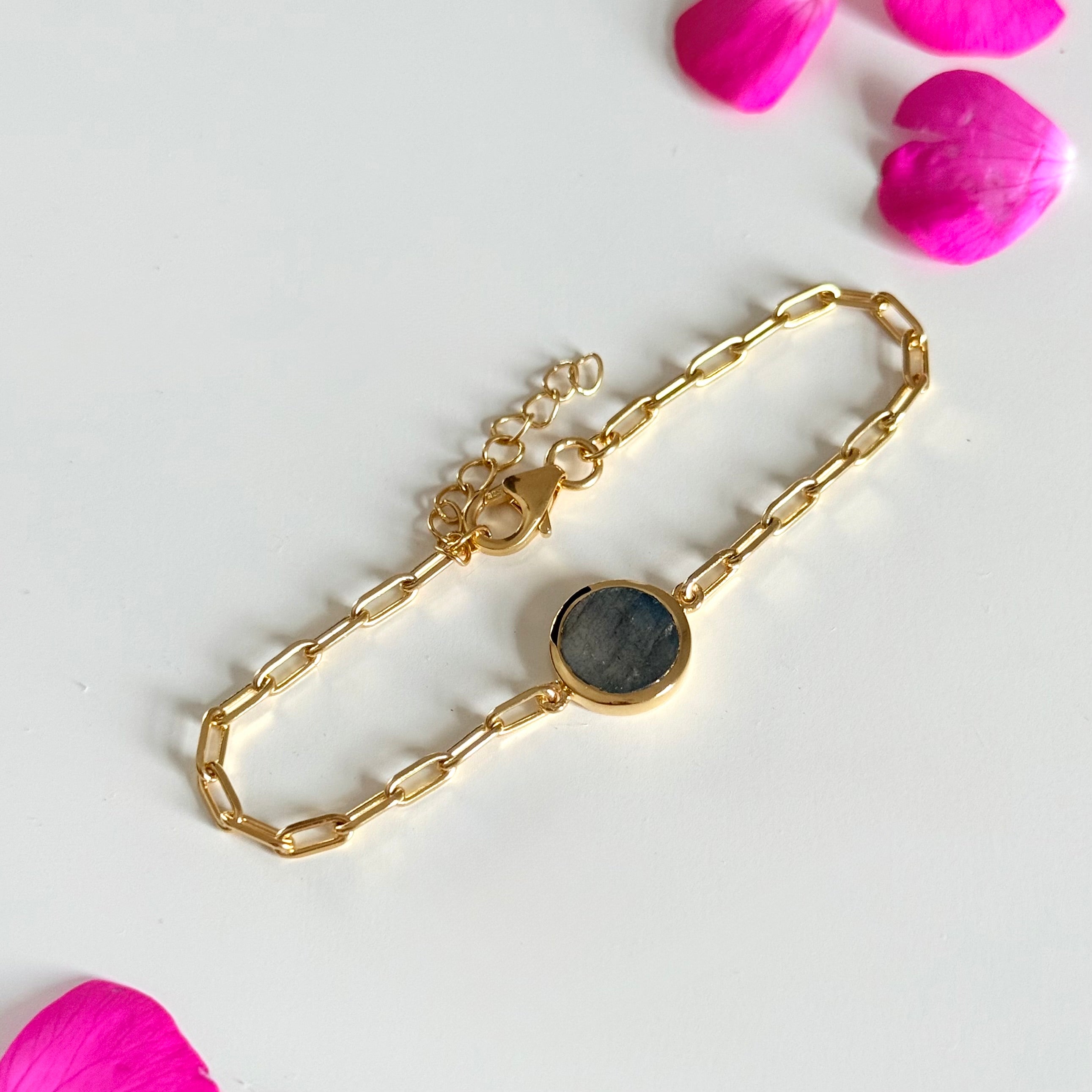 Vermeil Gold Paperclip Link Chain Adjustable Bracelet with Round Labradorite Gemstone