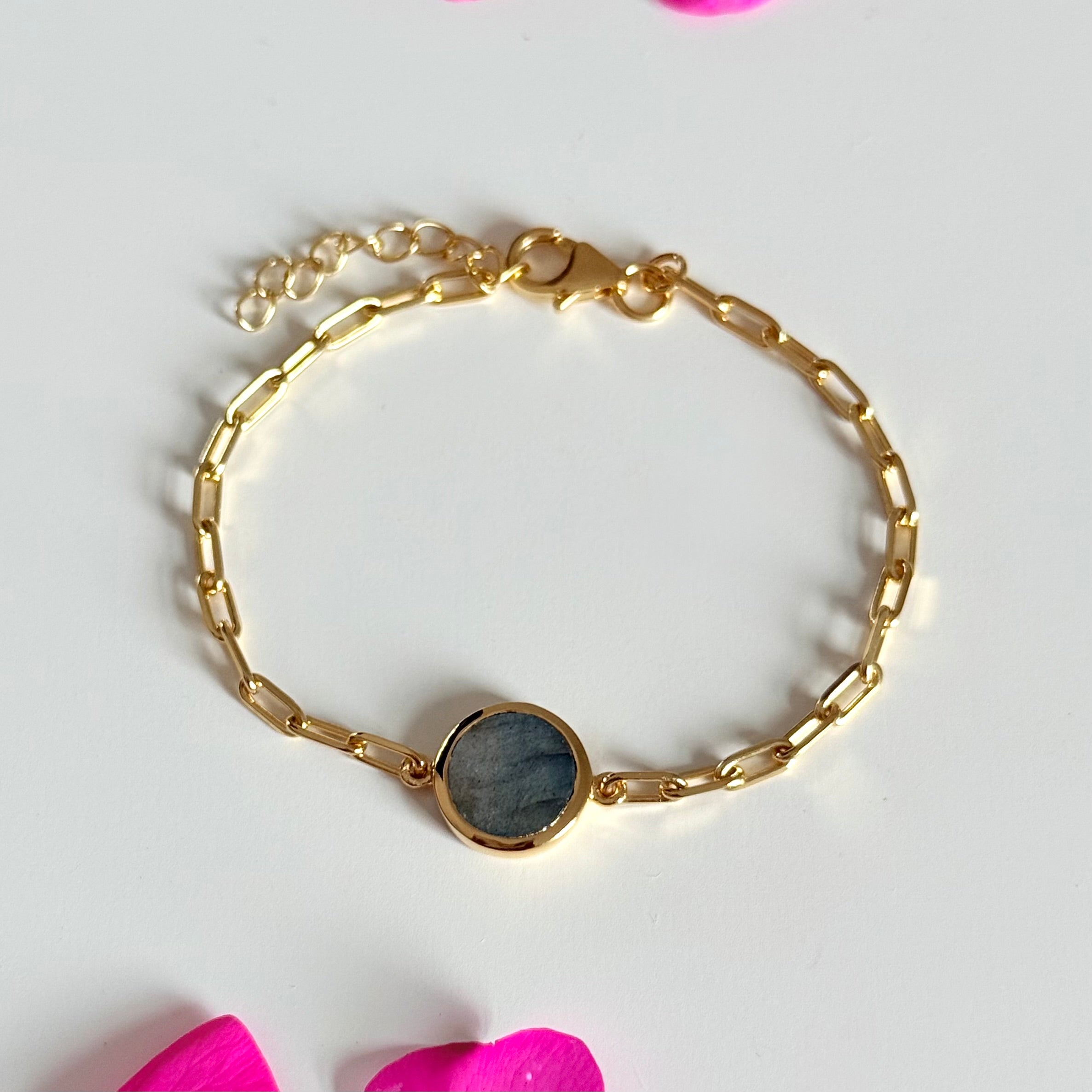 Vermeil Gold Paperclip Link Chain Adjustable Bracelet with Round Labradorite Gemstone